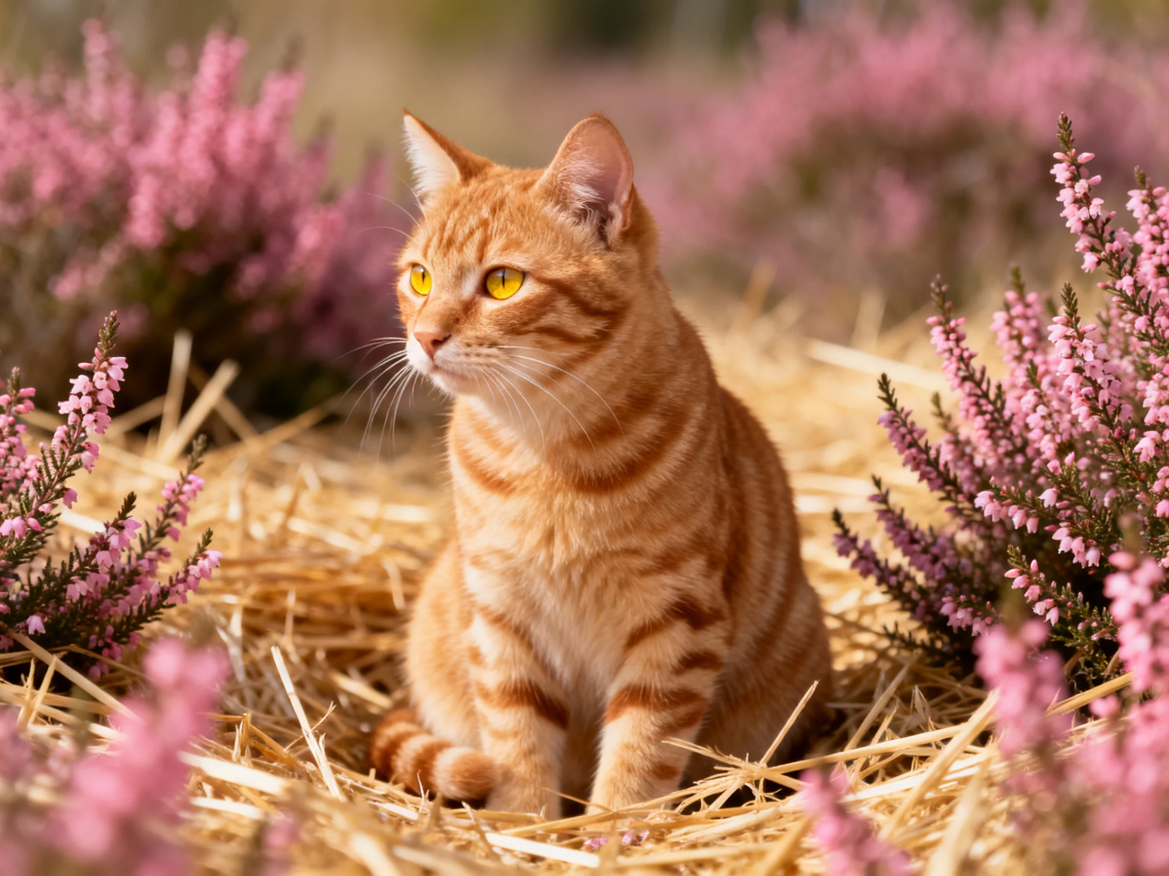 An orange tabby cat sits among pink flowers and straw in a sunlit outdoor setting.