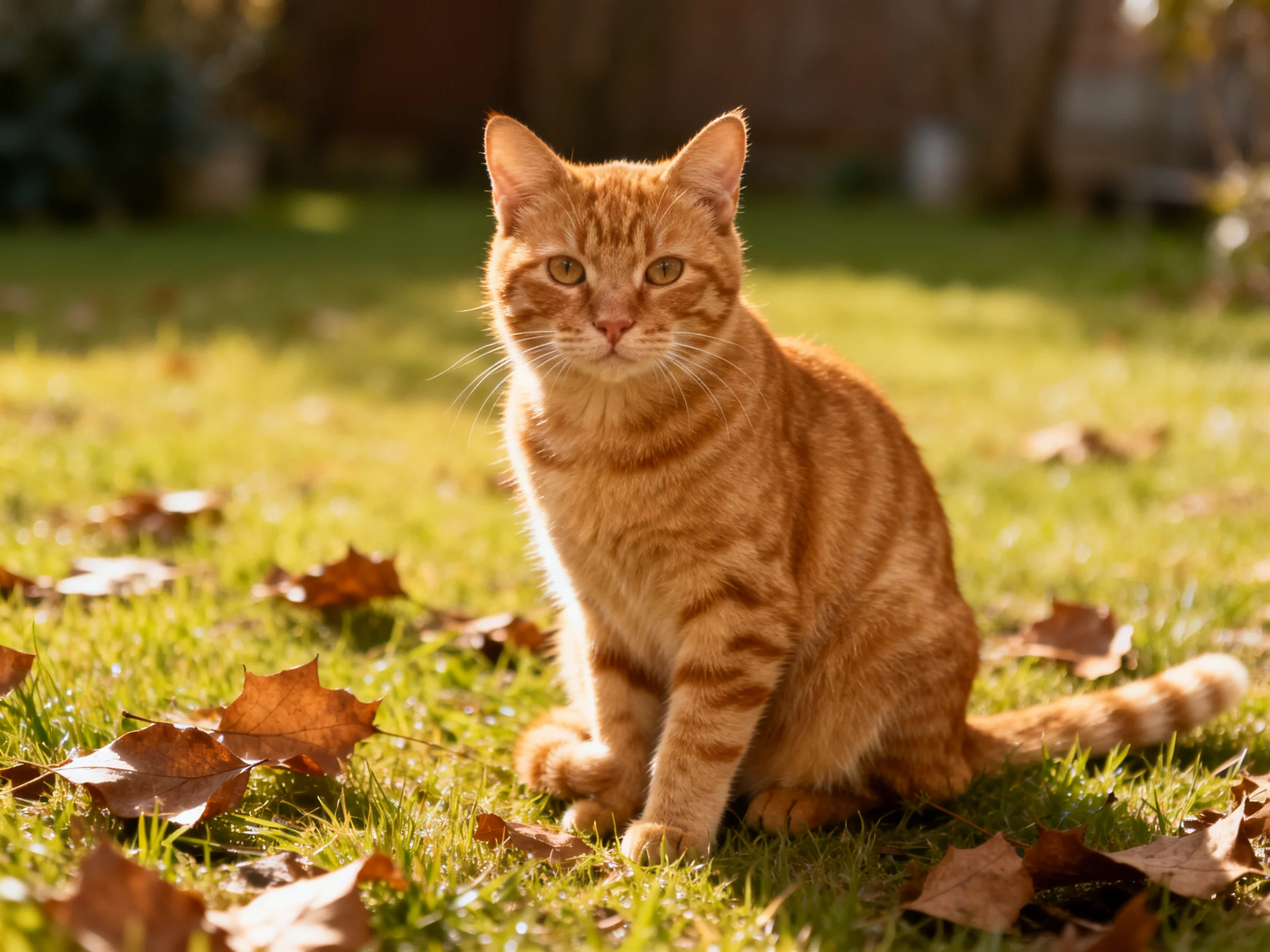 An orange tabby cat sits calmly among fallen leaves in a sunlit grassy area.