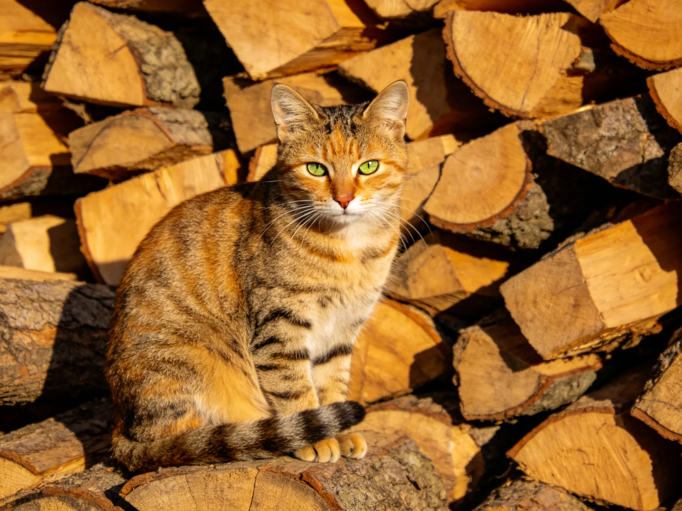 An orange tabby cat sits calmly among stacked firewood.