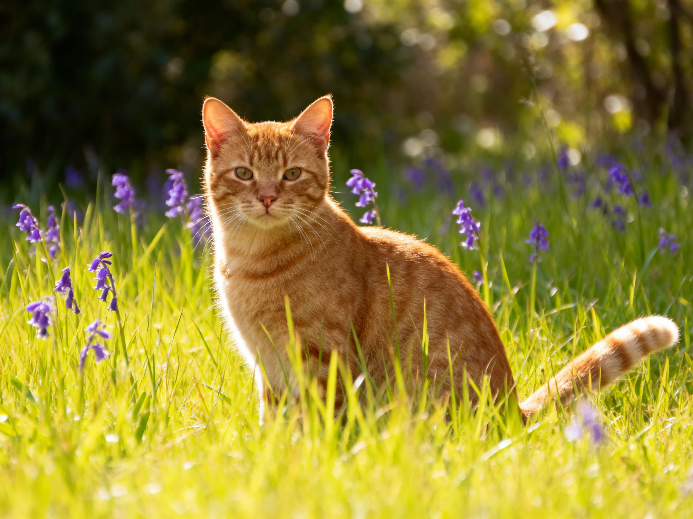 An orange tabby cat rests in a sunlit meadow with tall grass and purple flowers