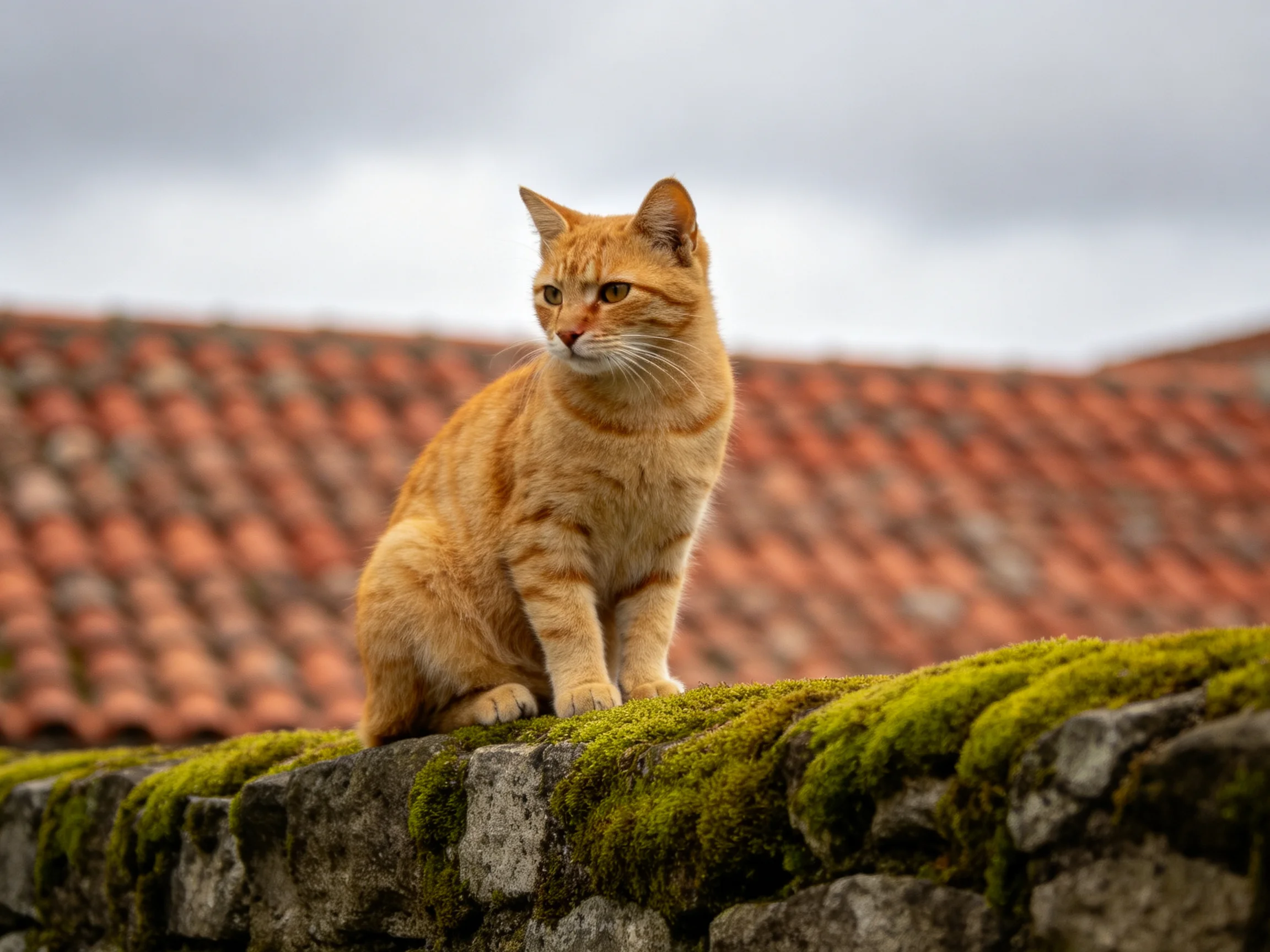 An orange tabby cat sits atop a moss-covered stone wall near red-tiled rooftops