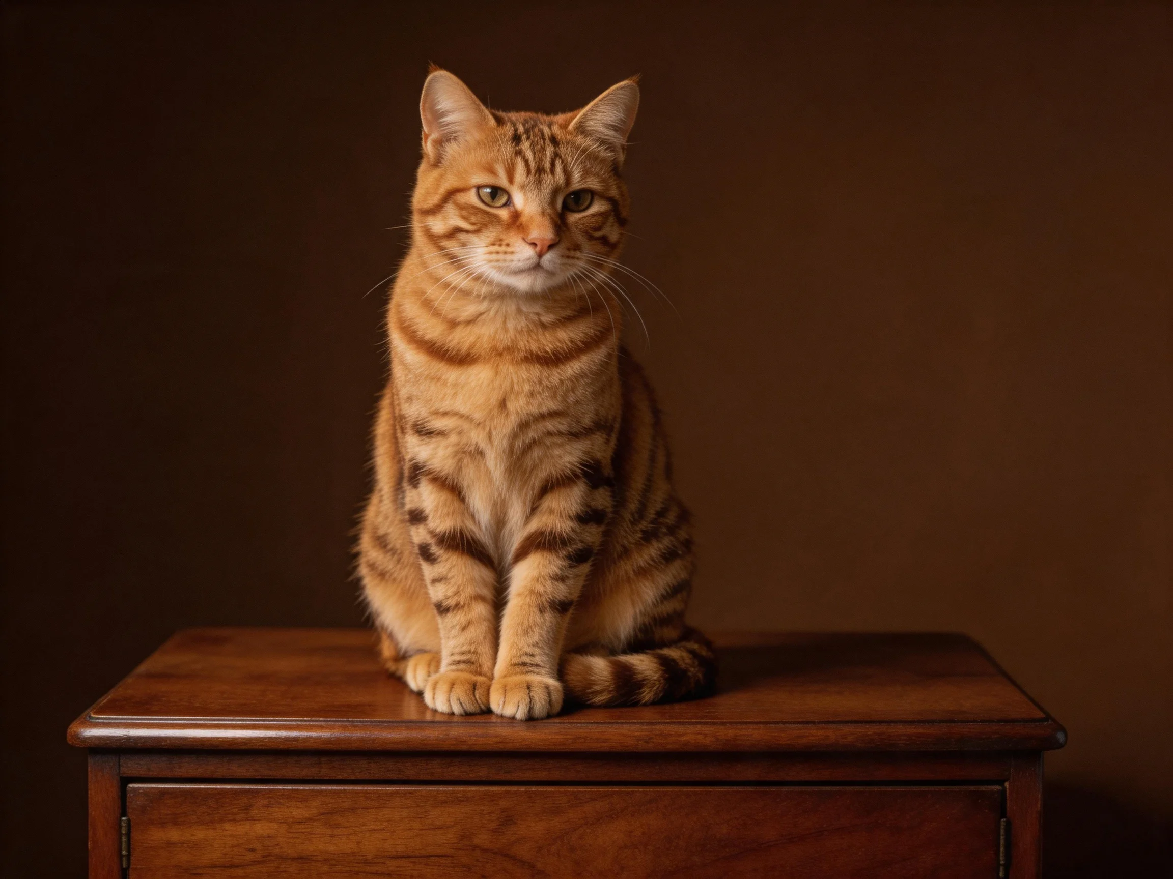 An orange tabby cat sits atop a polished wooden chest