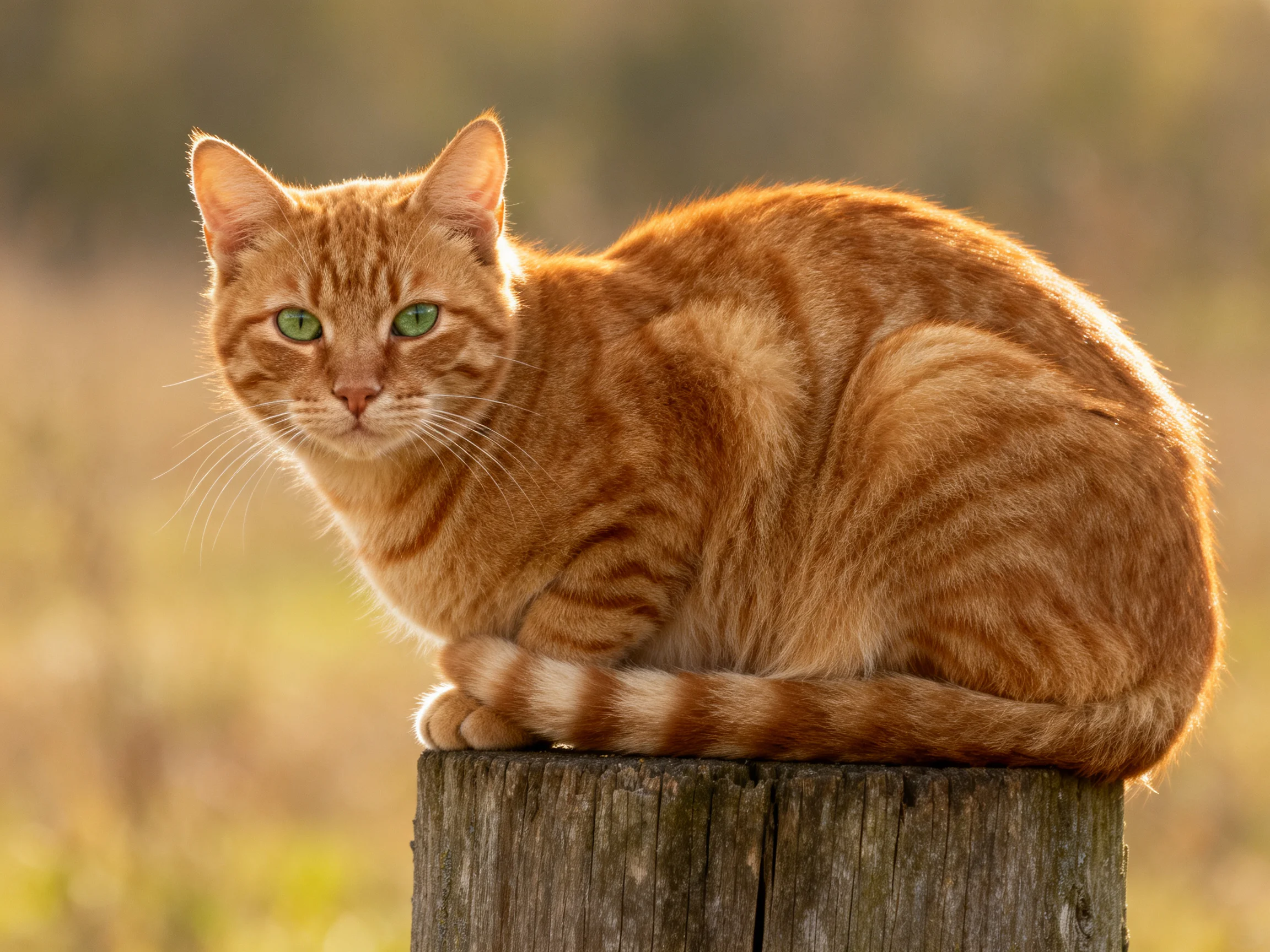 An orange tabby cat sits atop a weathered wooden post in a sunlit field
