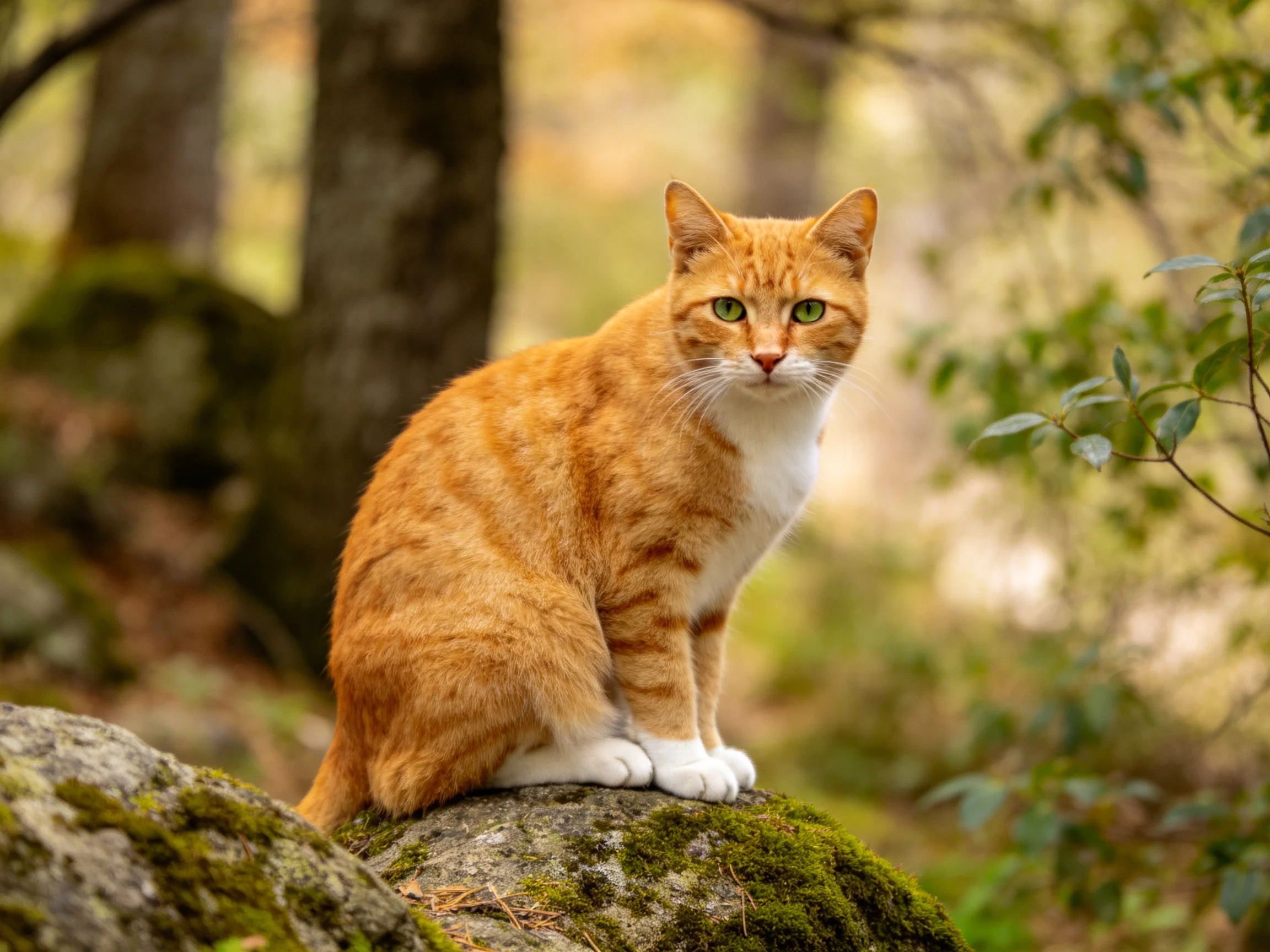 An orange tabby cat sits atop moss - covered rocks in a sunlit forest