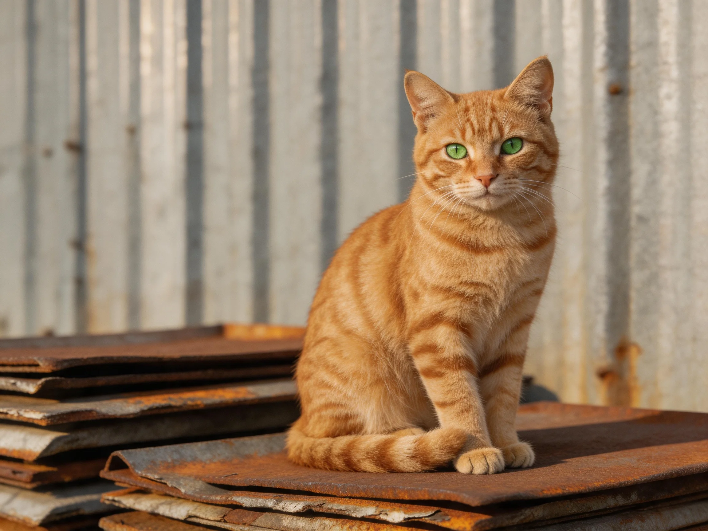 An orange tabby cat rests on rusted metal sheets beside a corrugated structure