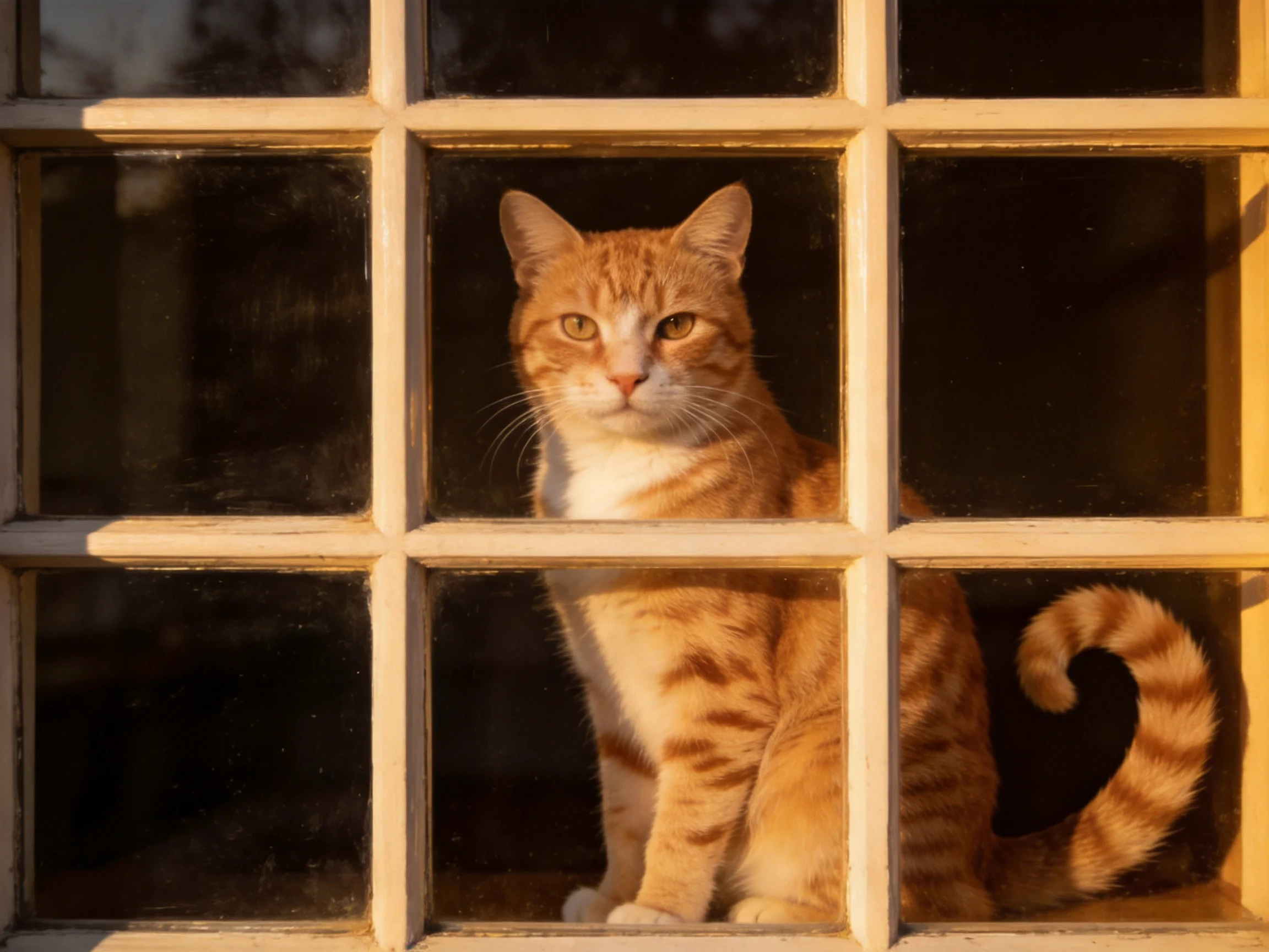 An orange cat sits calmly inside a divided window structure.