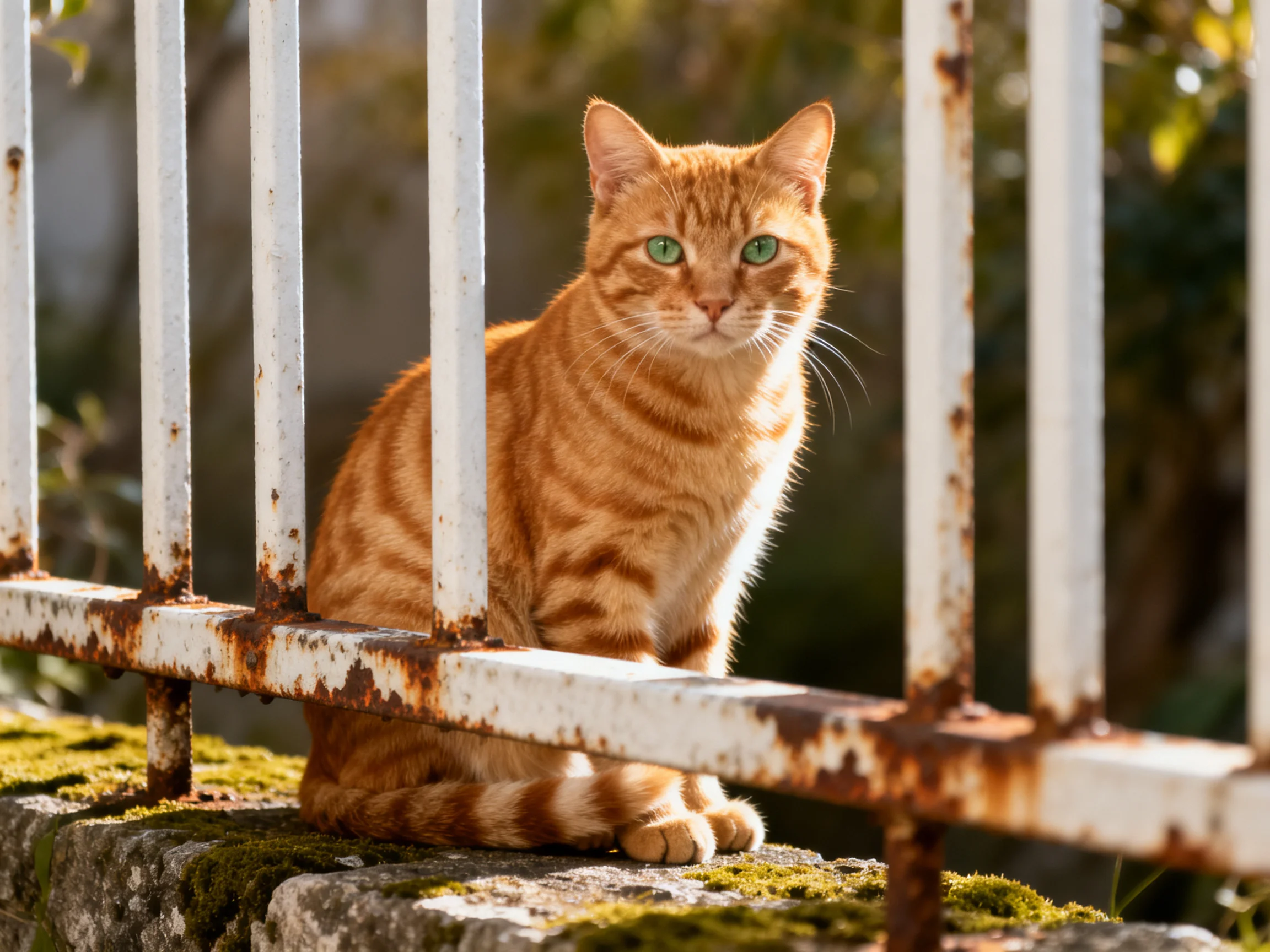 An orange tabby cat sits near a rusted white fence outdoors.