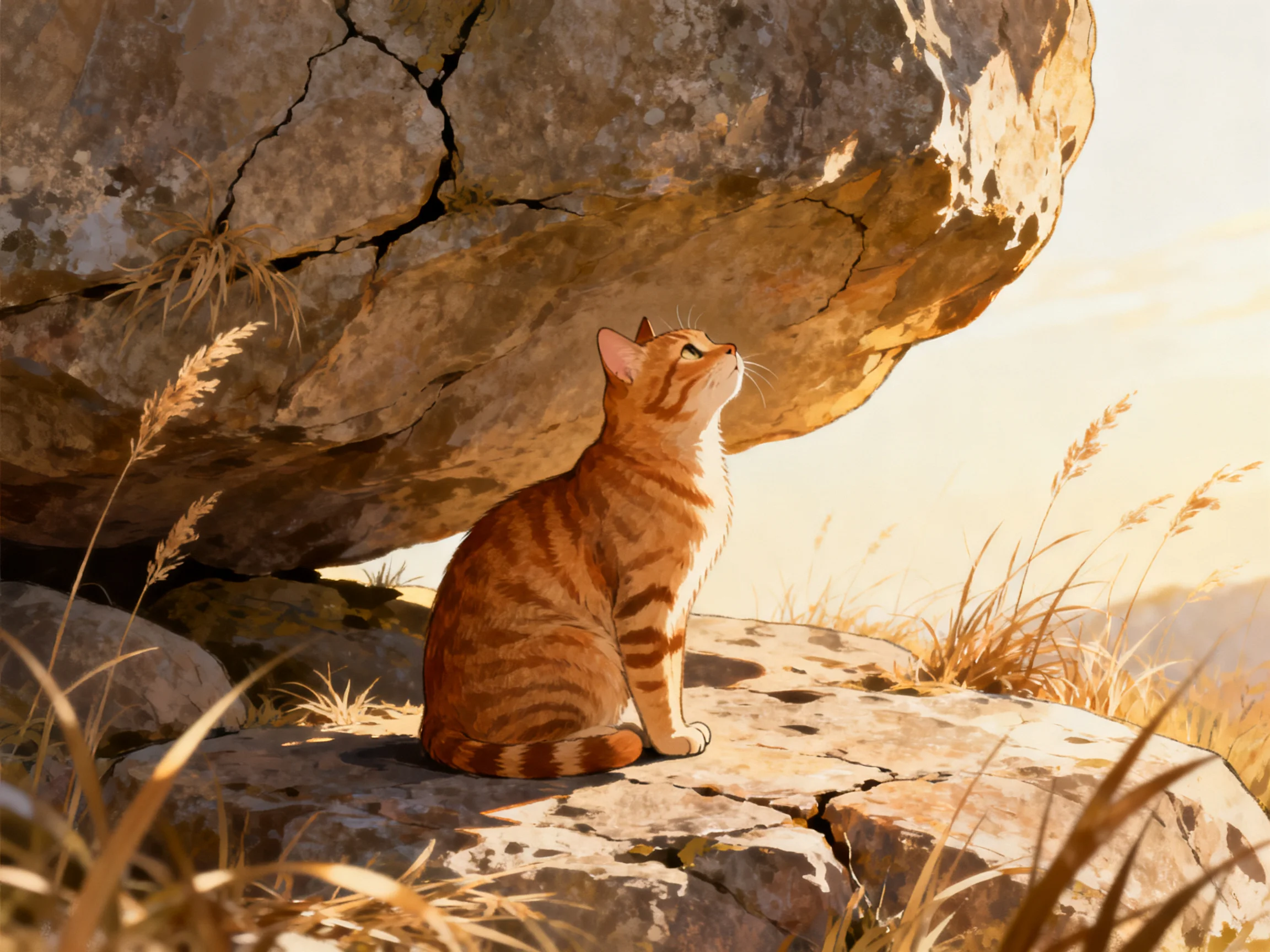 An orange tabby cat sits beneath a large cracked stone in golden light