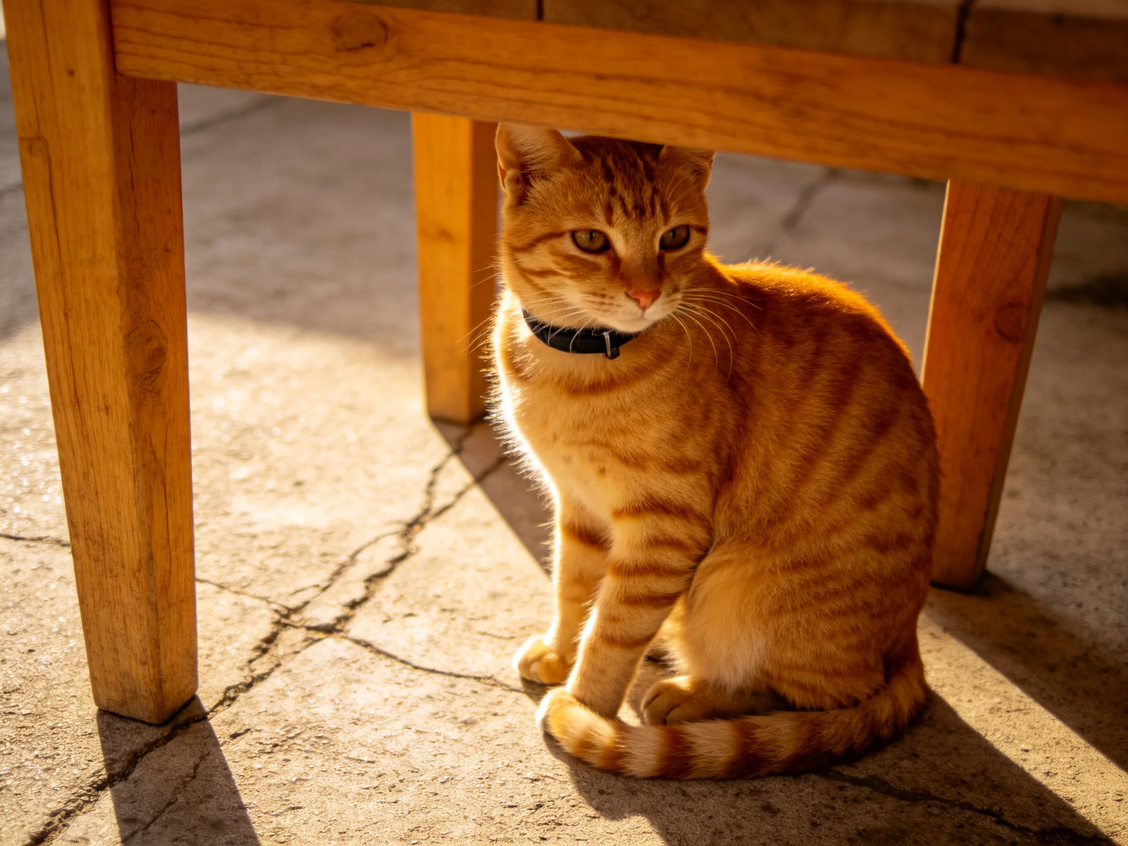 An orange tabby cat sits under a wooden table in sunlight.