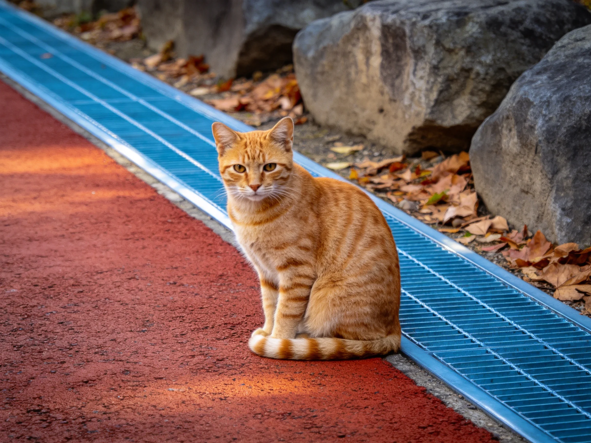 An orange cat sits by a blue drainage system on a red path.