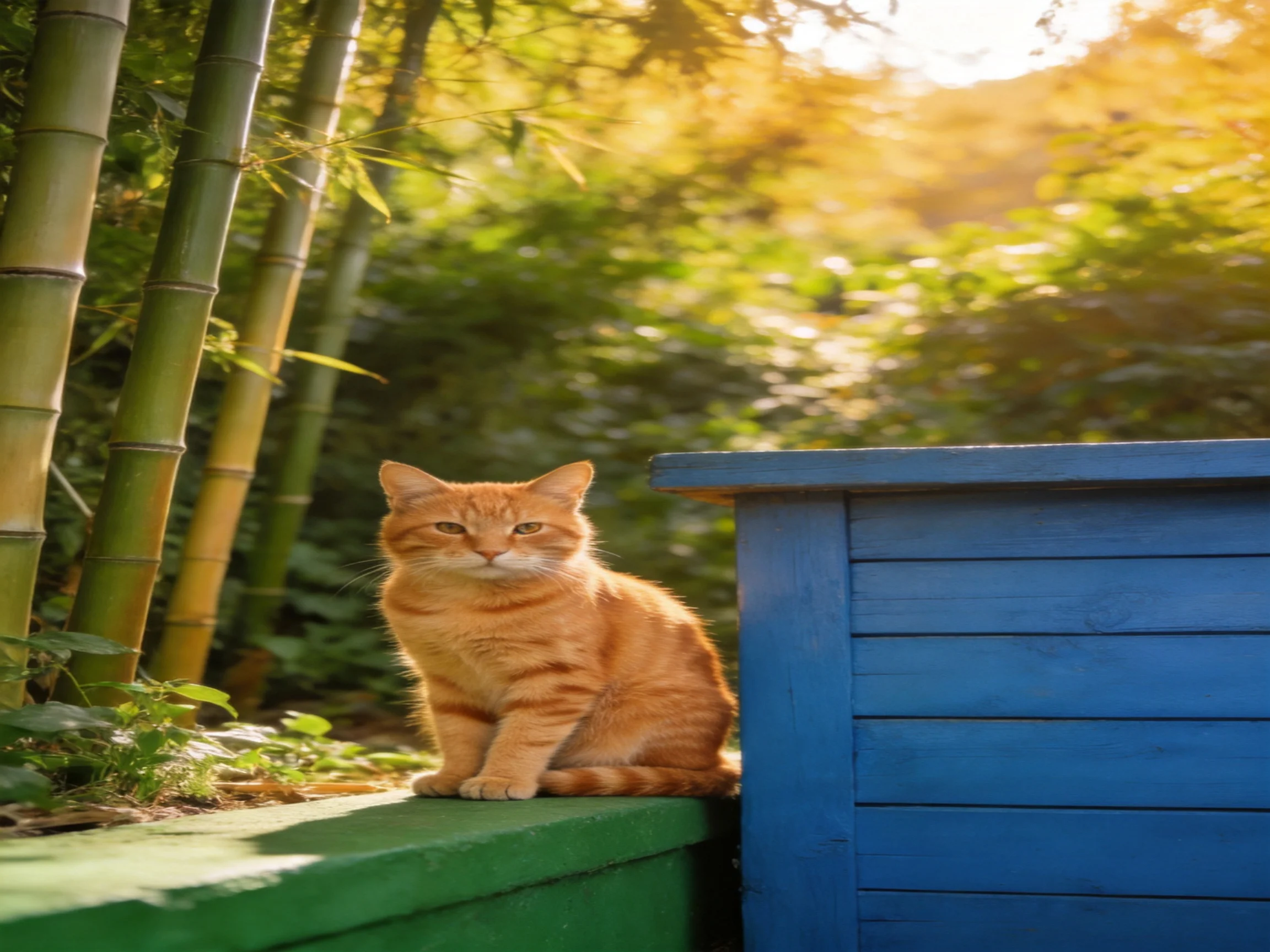 An orange tabby cat rests near a blue structure in a sunlit bamboo-filled environment.