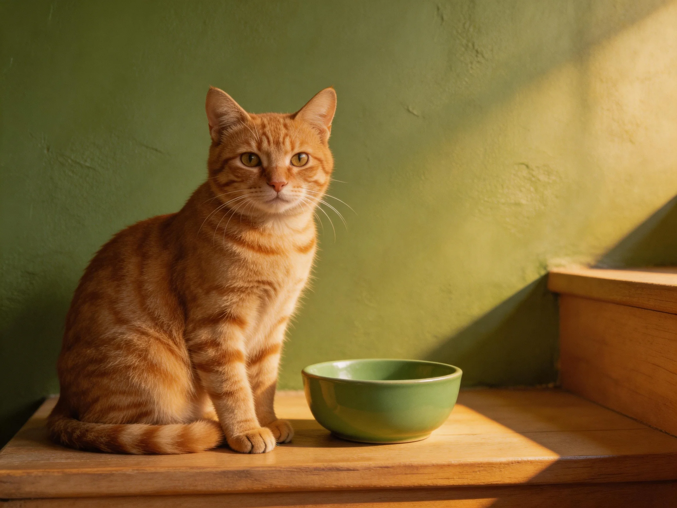 An orange tabby cat sits next to a green bowl on a wooden surface.