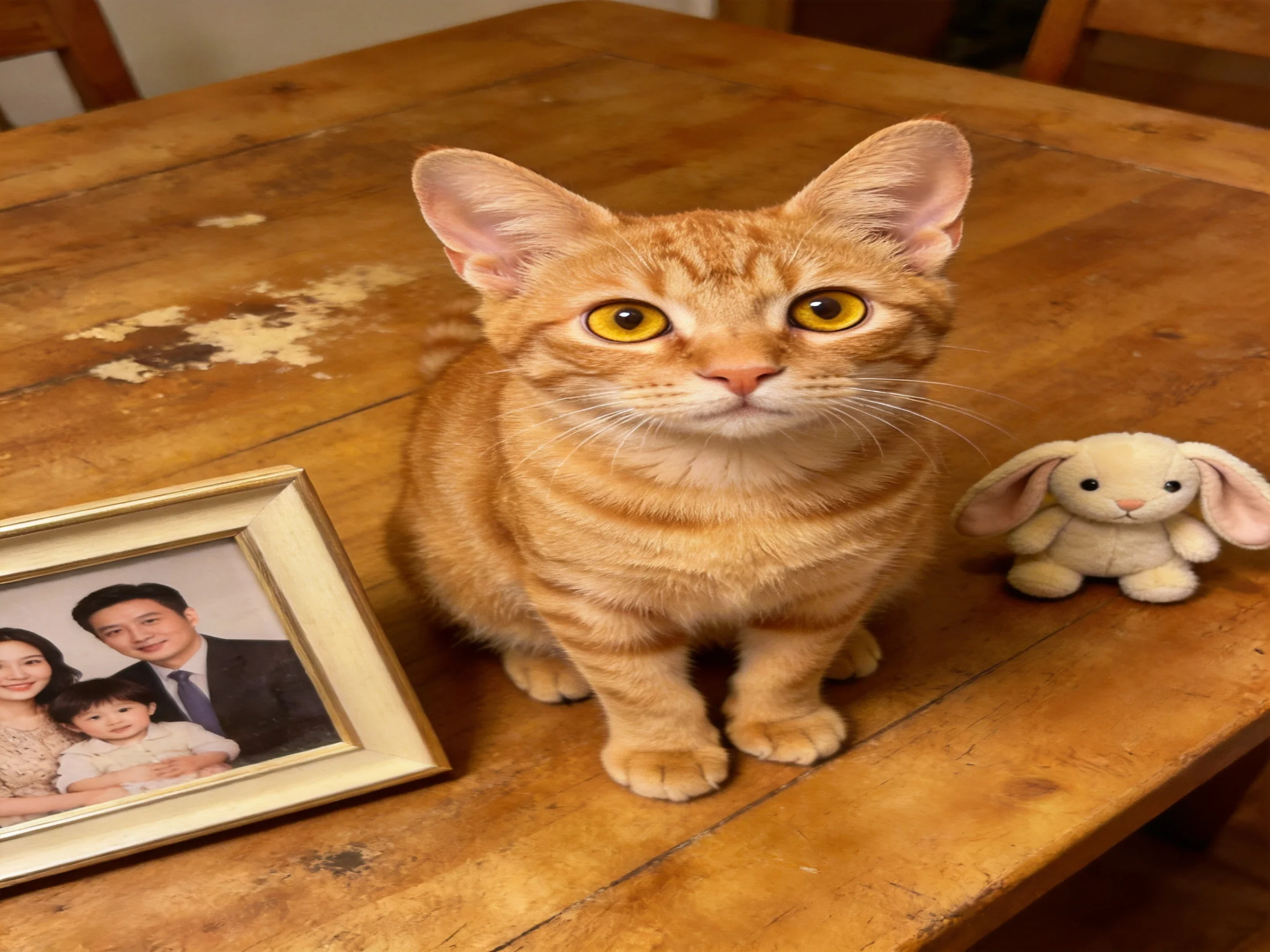 An orange tabby cat sits between a stuffed rabbit and a framed photo on a wooden table