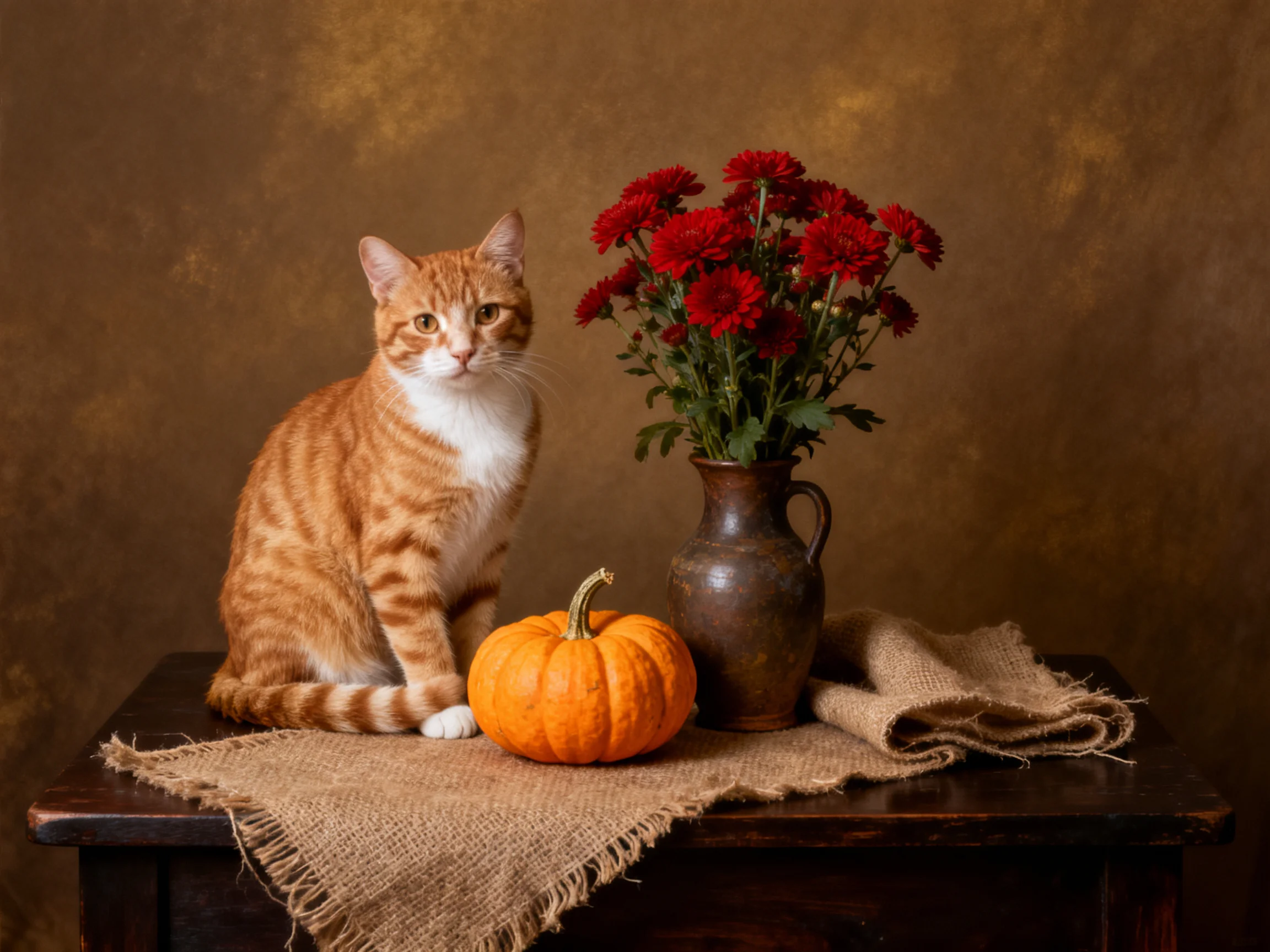 An orange tabby cat sits near a vase of red flowers and a small pumpkin on a wooden table.