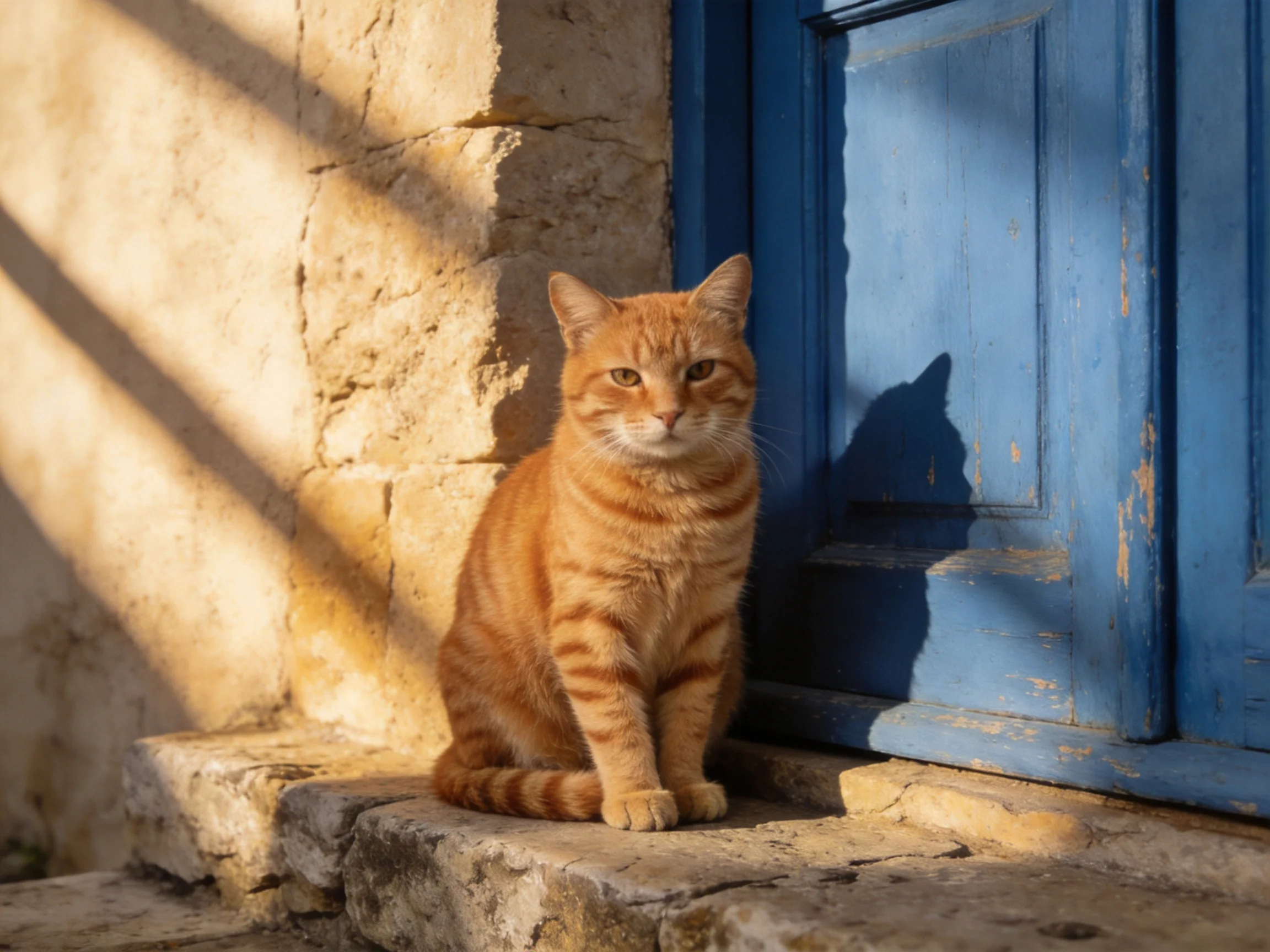 An orange tabby cat rests near a blue door with a stone wall backdrop.