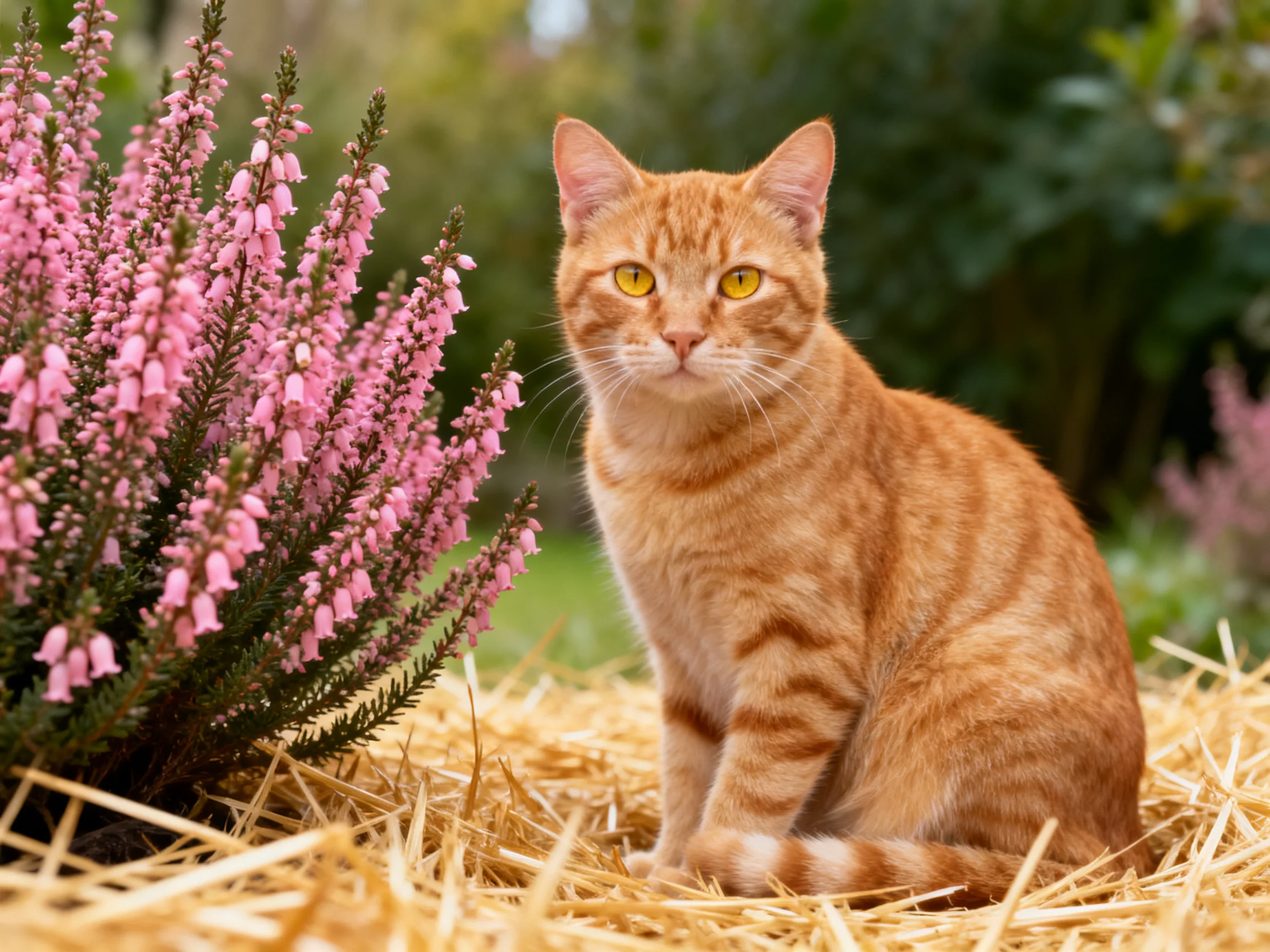 An orange tabby cat sits next to pink heather on straw in a garden.