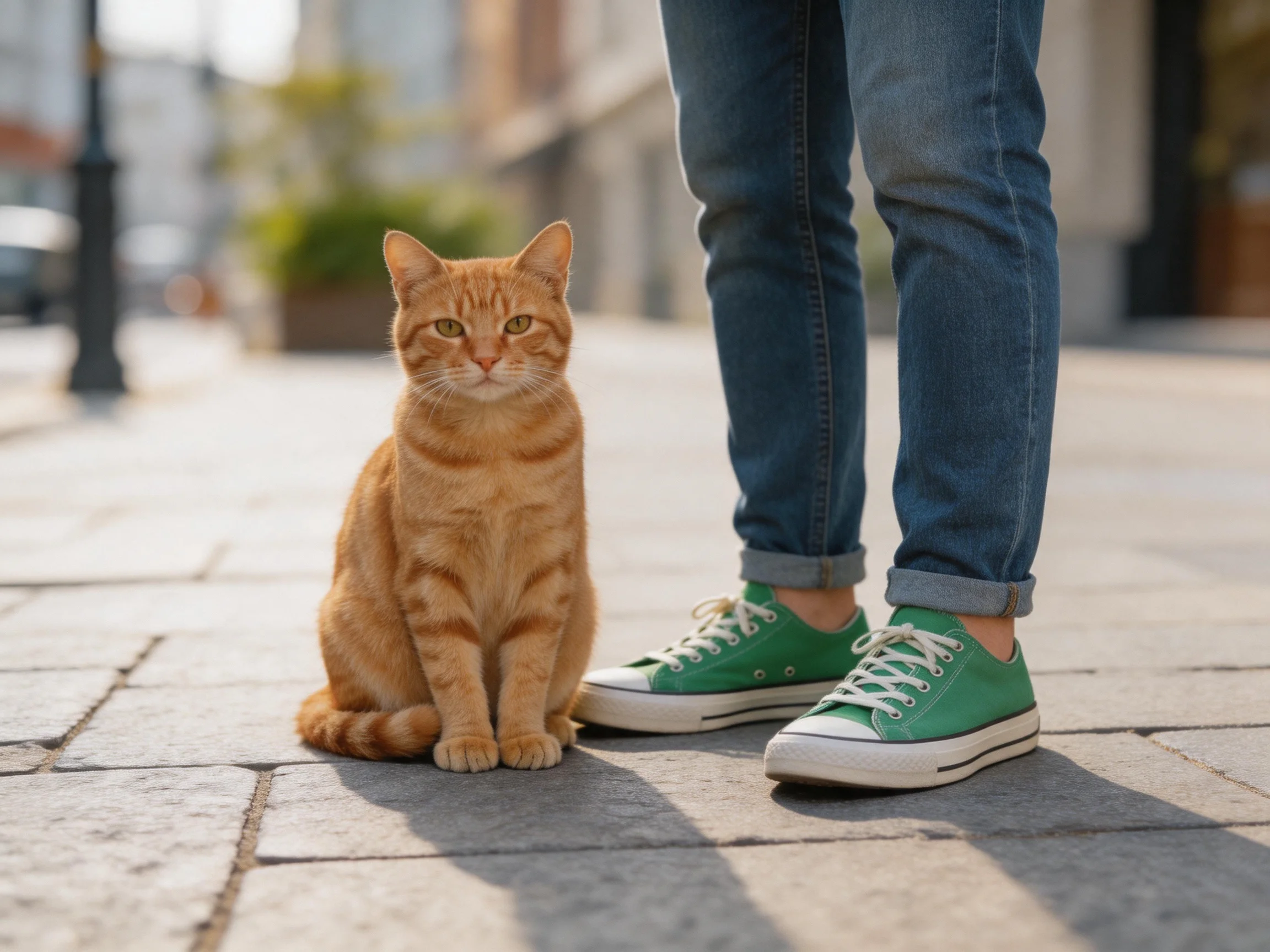 An orange tabby cat sits next to a person in blue jeans and green sneakers on a stone sidewalk