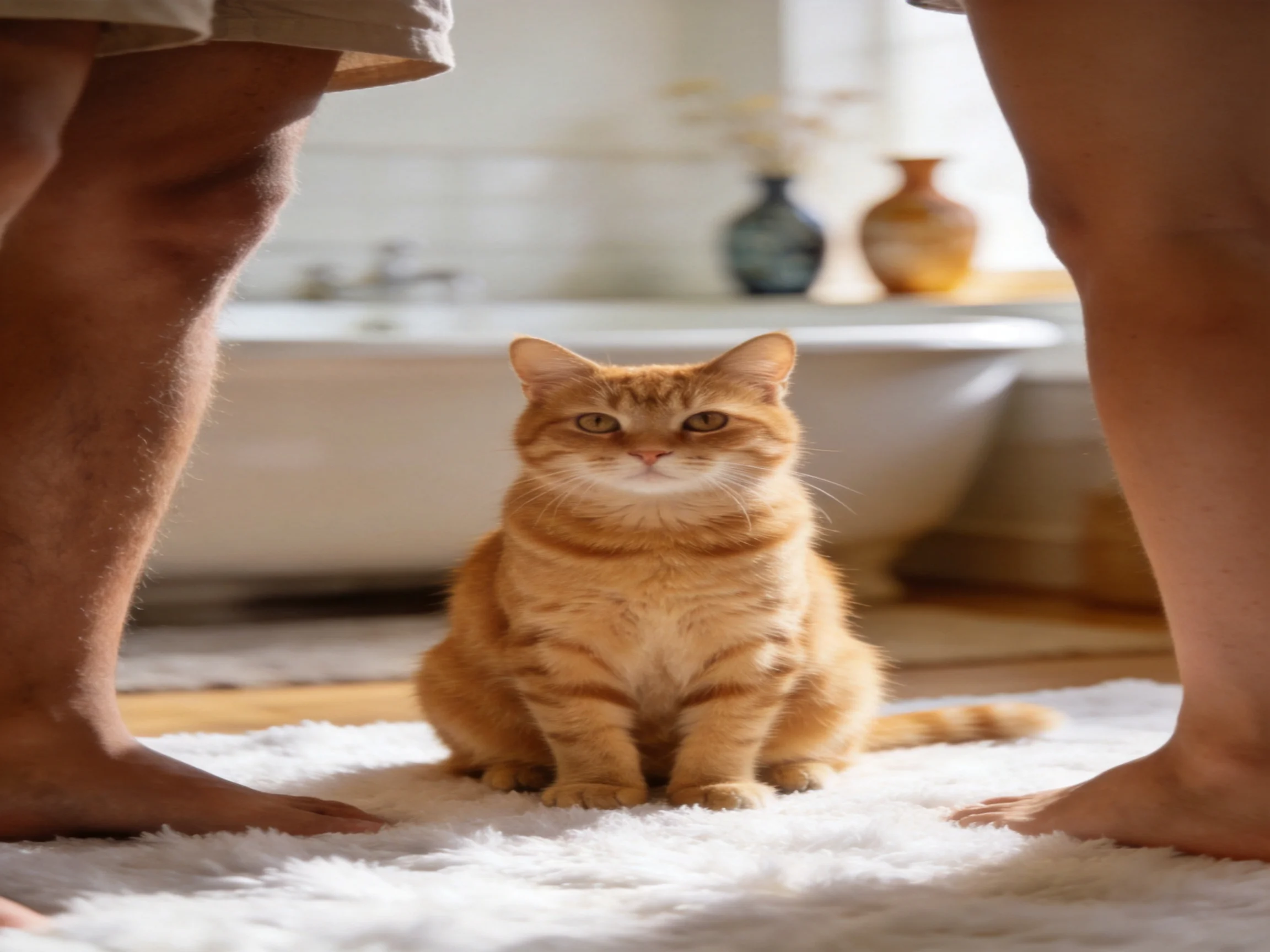 A single orange tabby cat sits between two people in a sunlit bathroom.
