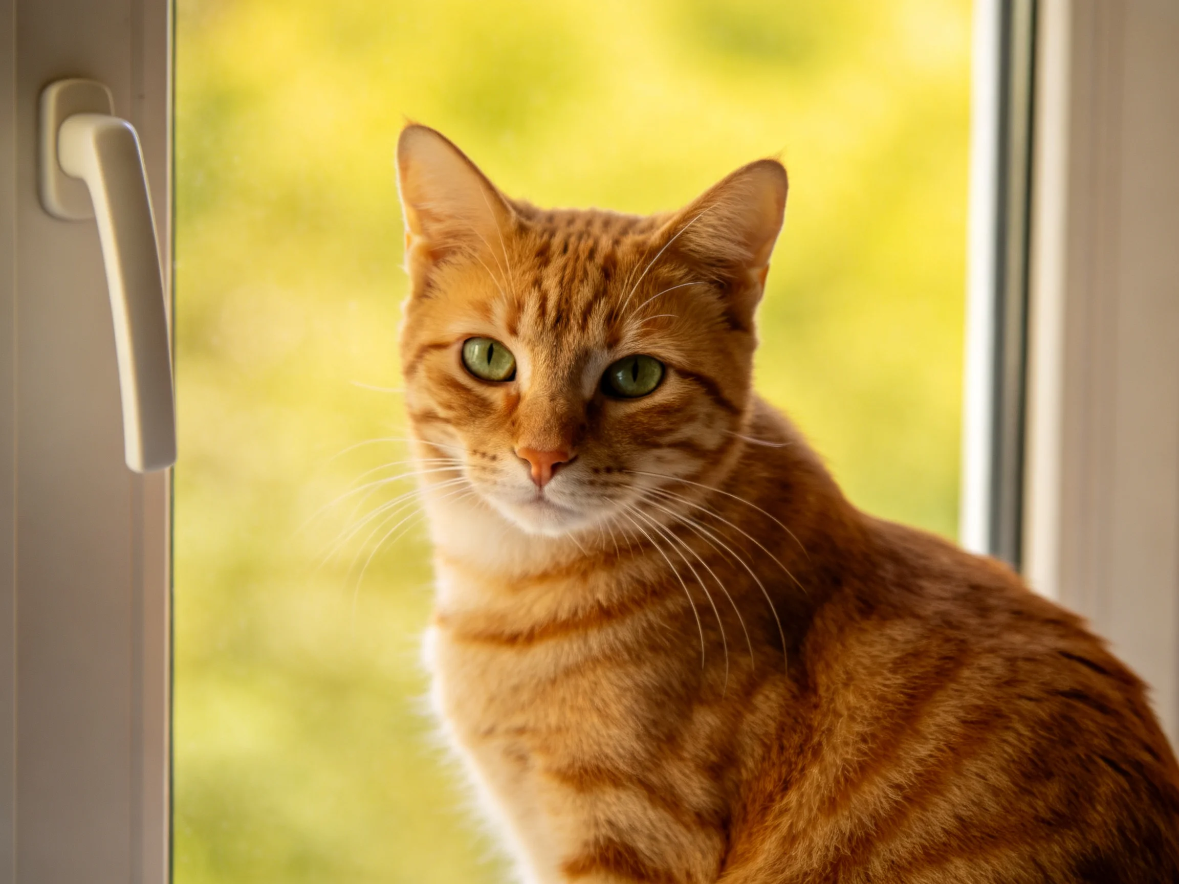 An orange tabby cat sits by a window with greenery visible outside.