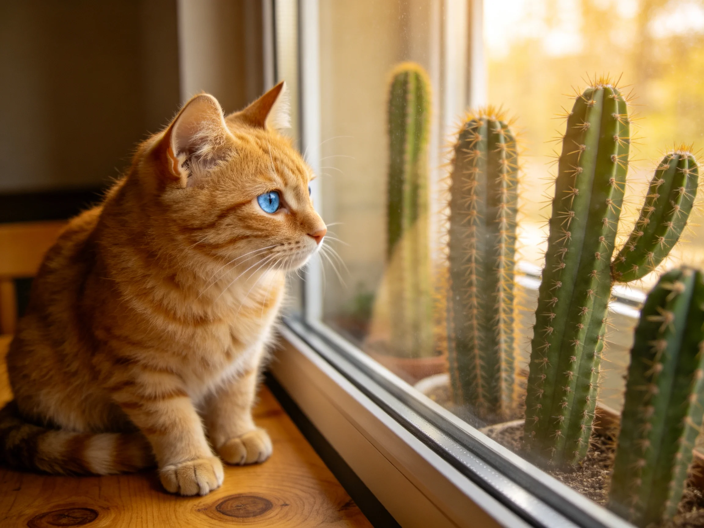 An orange cat observes green cacti by a sunlit window.