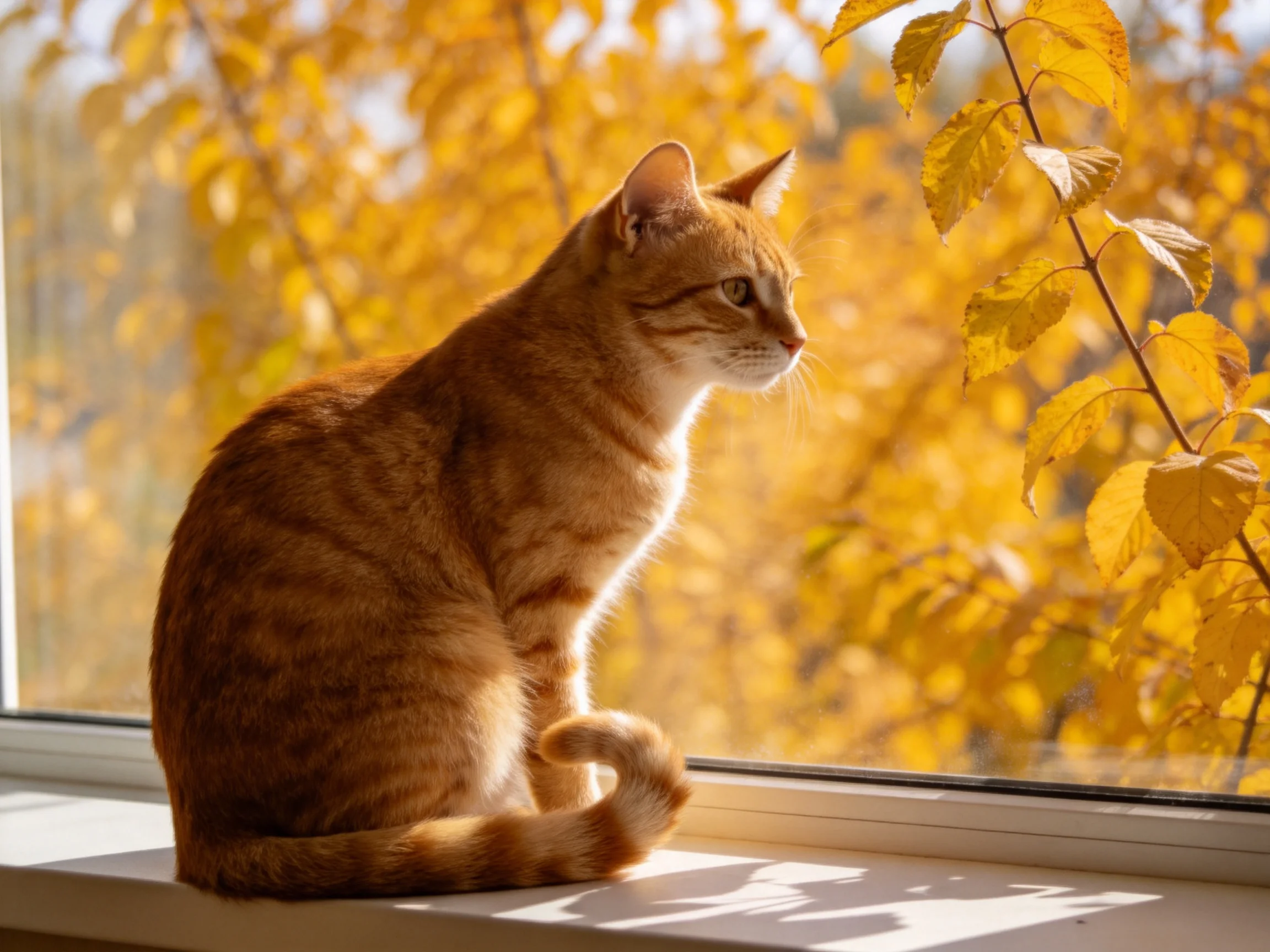 An orange tabby cat sits by a sunlit window with autumn foliage outside