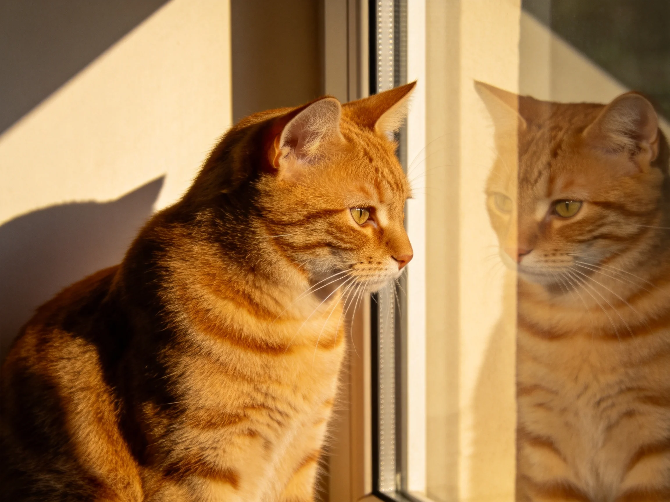 An orange tabby cat sits by a sunlit window with its reflection.
