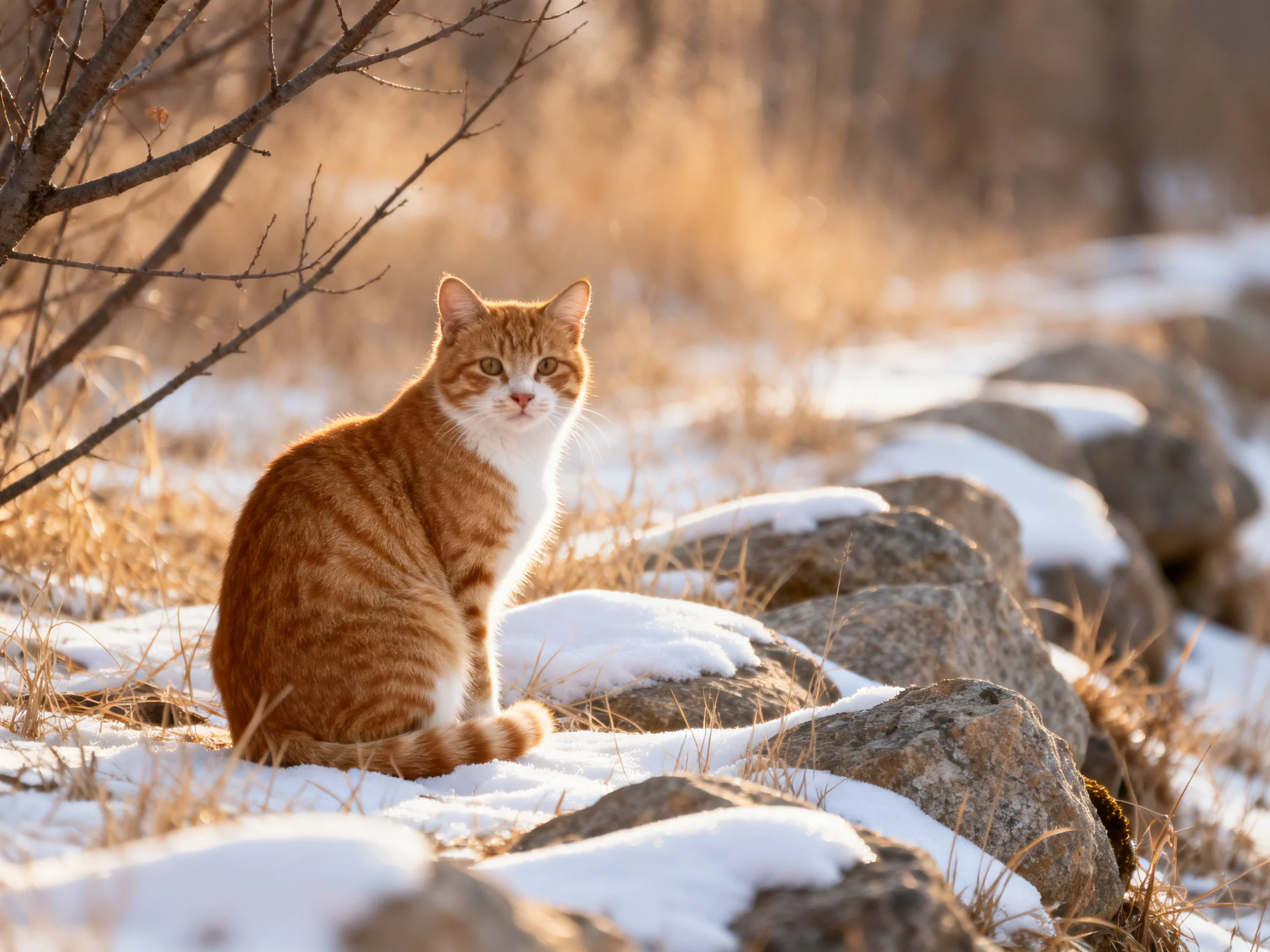 An orange tabby cat sits by snow - covered rocks in a sunlit winter scene