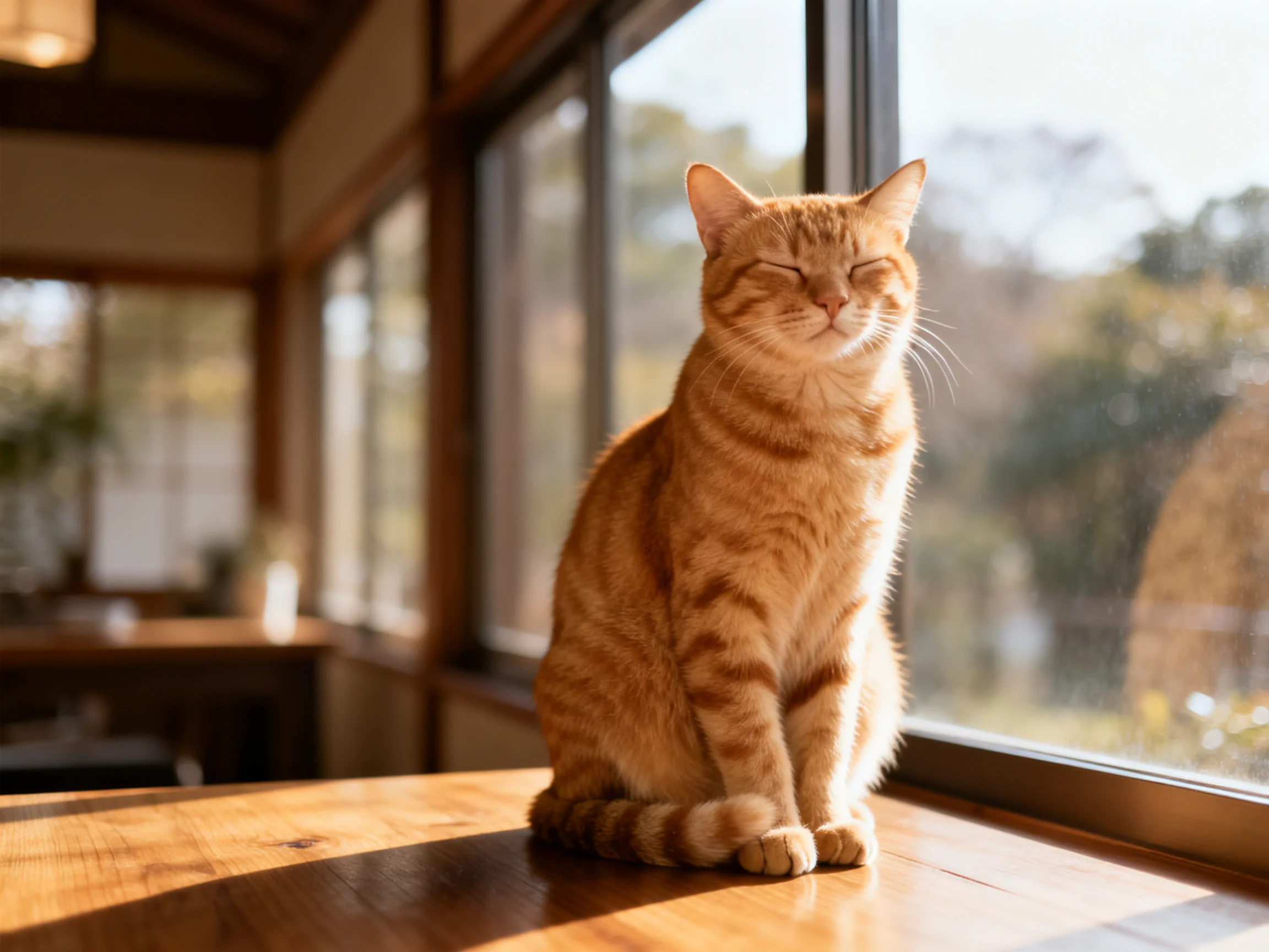 An orange tabby cat relaxes on a wooden table beside sunlit windows.
