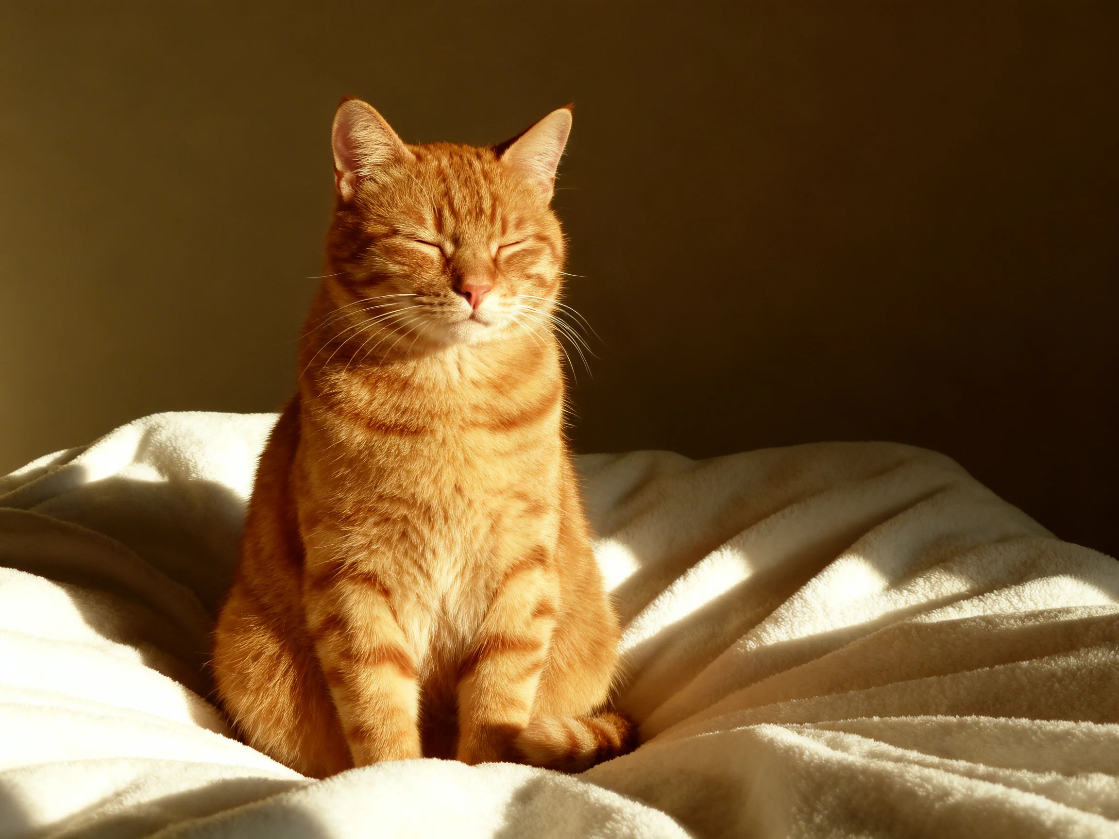 An orange tabby cat sits contentedly on a soft white blanket in warm sunlight