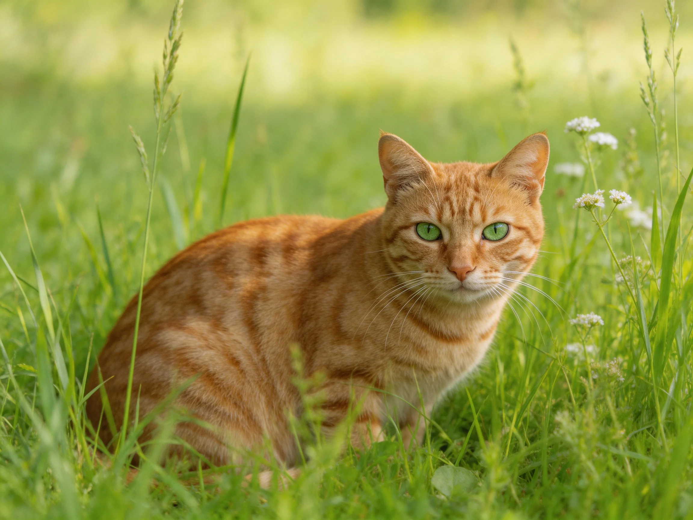 An orange tabby cat rests calmly among tall green grass