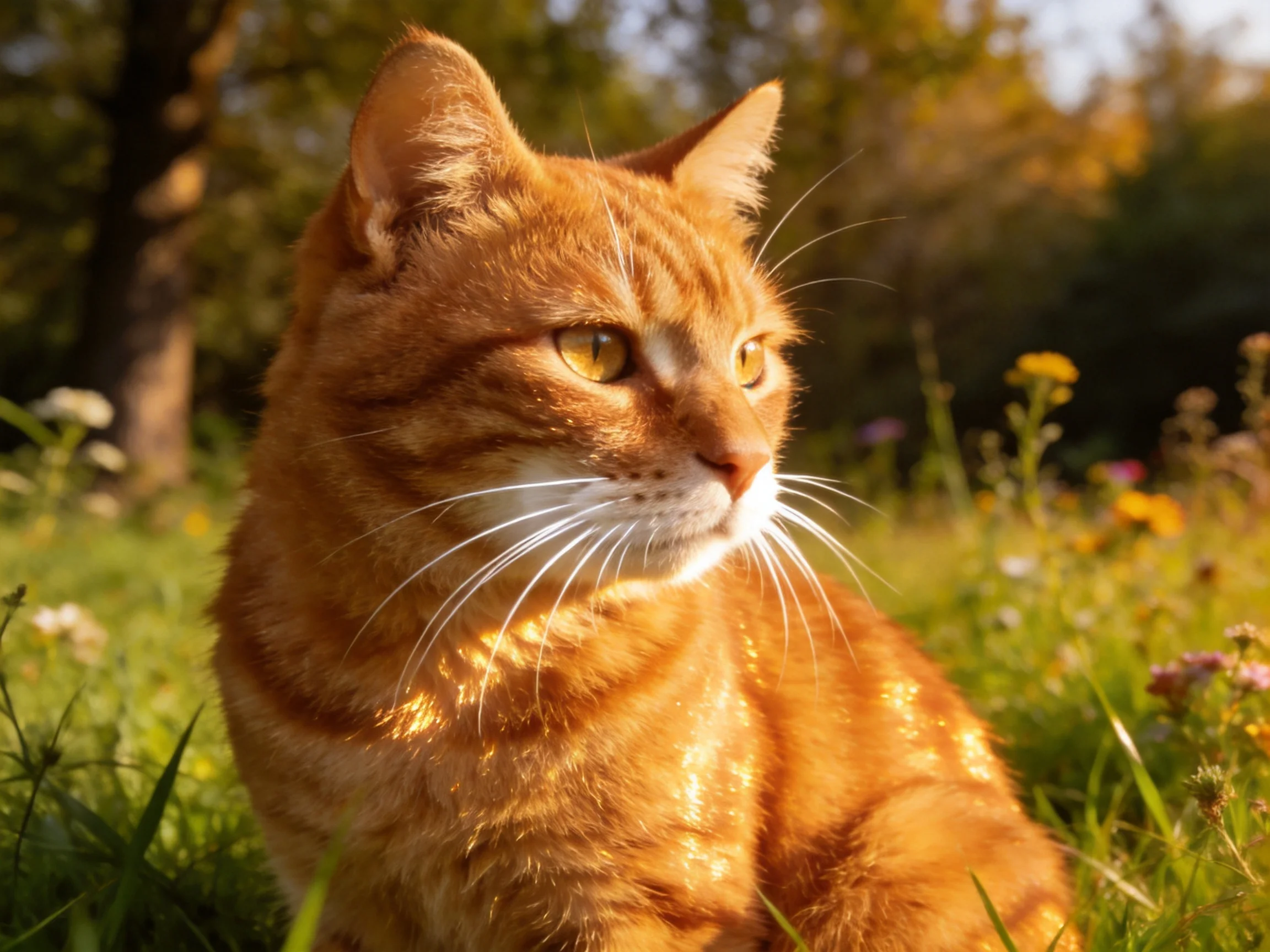 An orange tabby cat relaxes in a sunlit meadow filled with wildflowers.