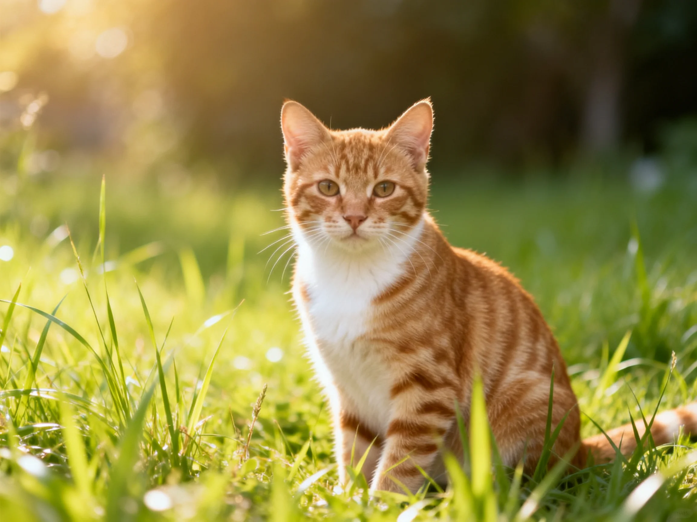 An orange tabby cat sits calmly in a sunlit grassy area.