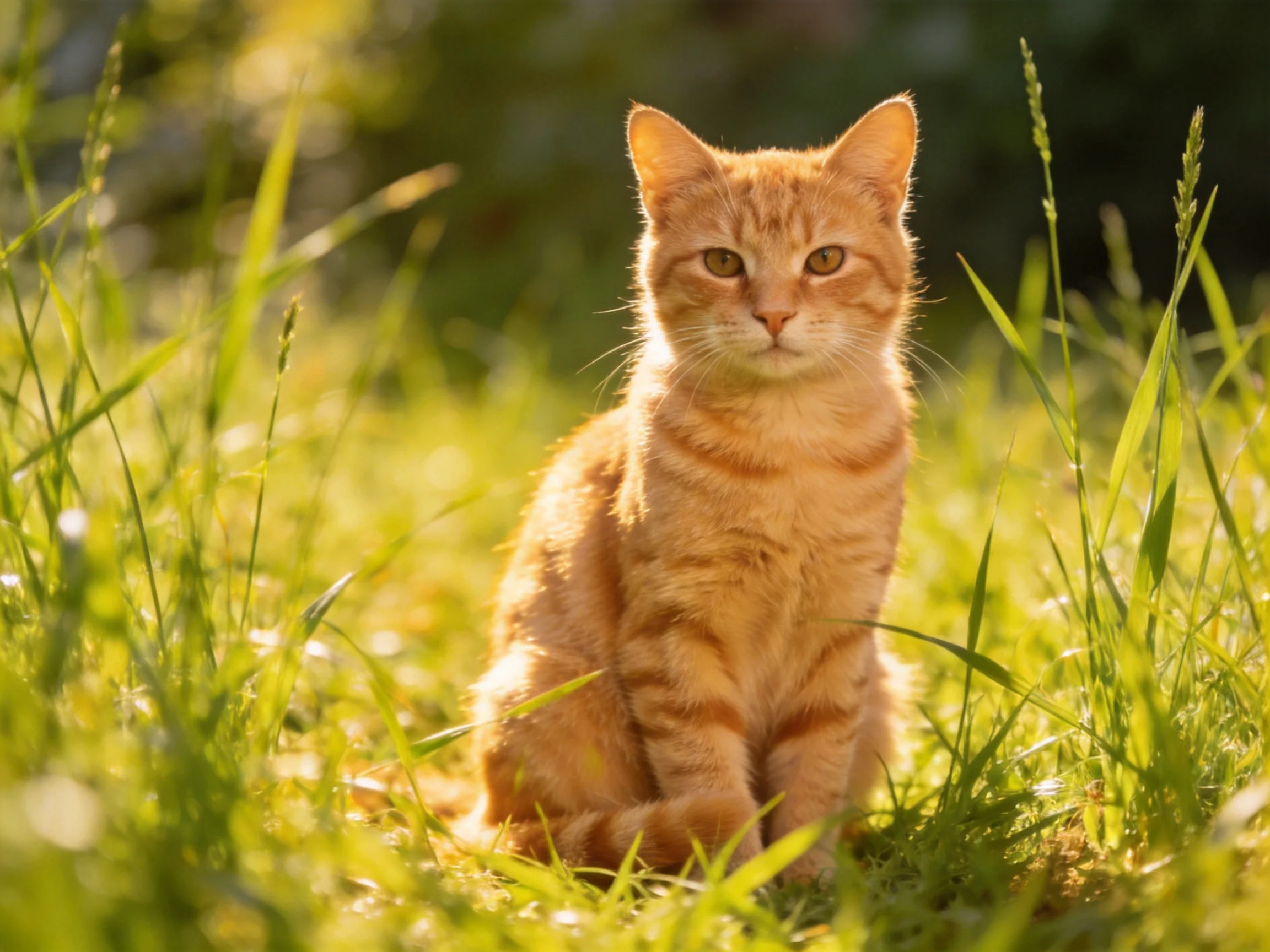 An orange tabby cat sits calmly in a sunlit grassy area.
