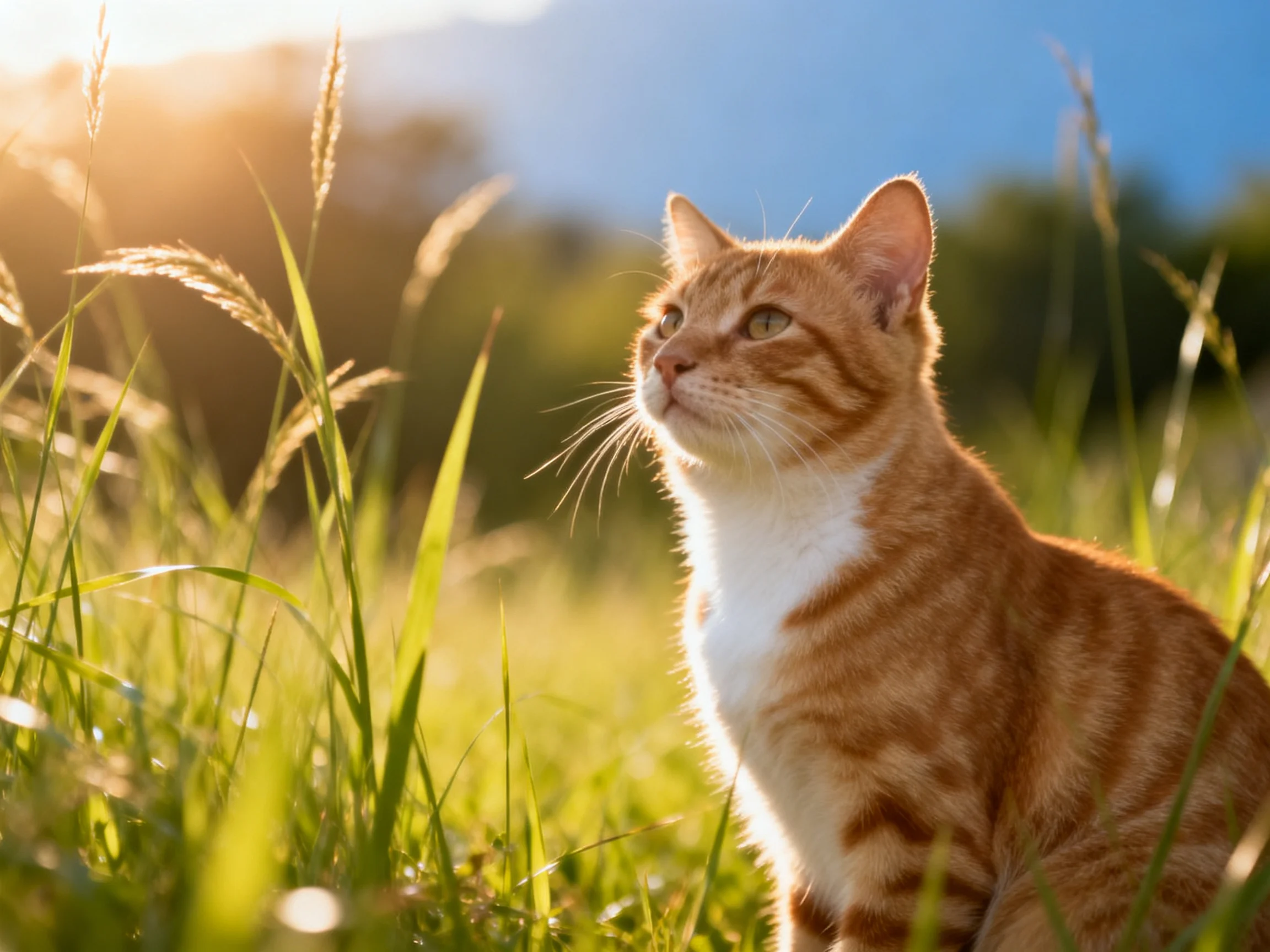 An orange tabby cat sits calmly in sunlit grass.