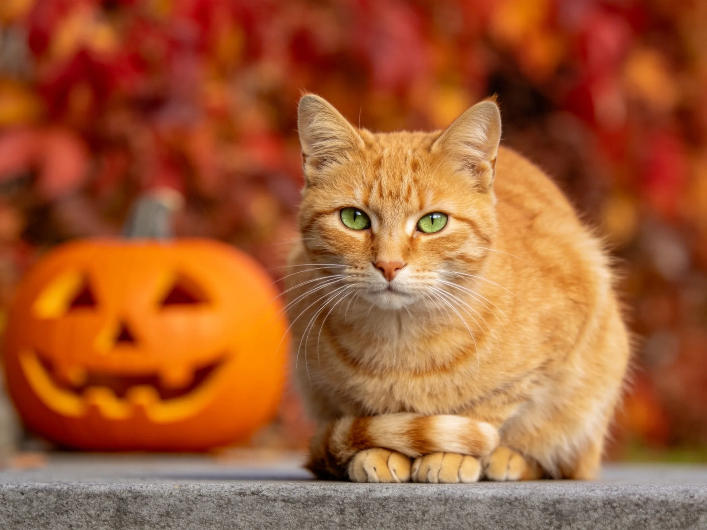 An orange tabby cat sits near a carved jack - o - lantern with autumn foliage