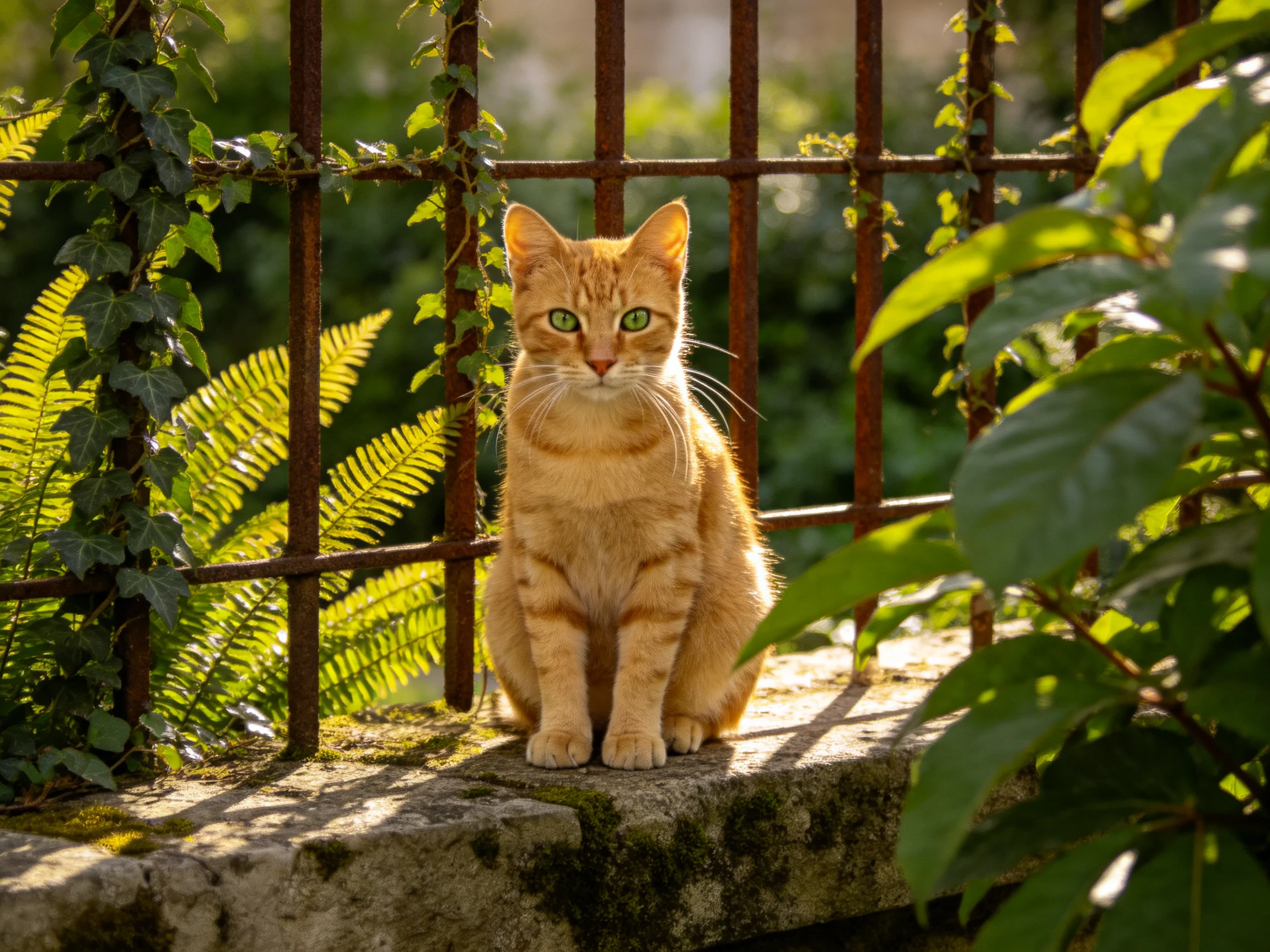 An orange tabby cat rests by a rusted fence among lush plants