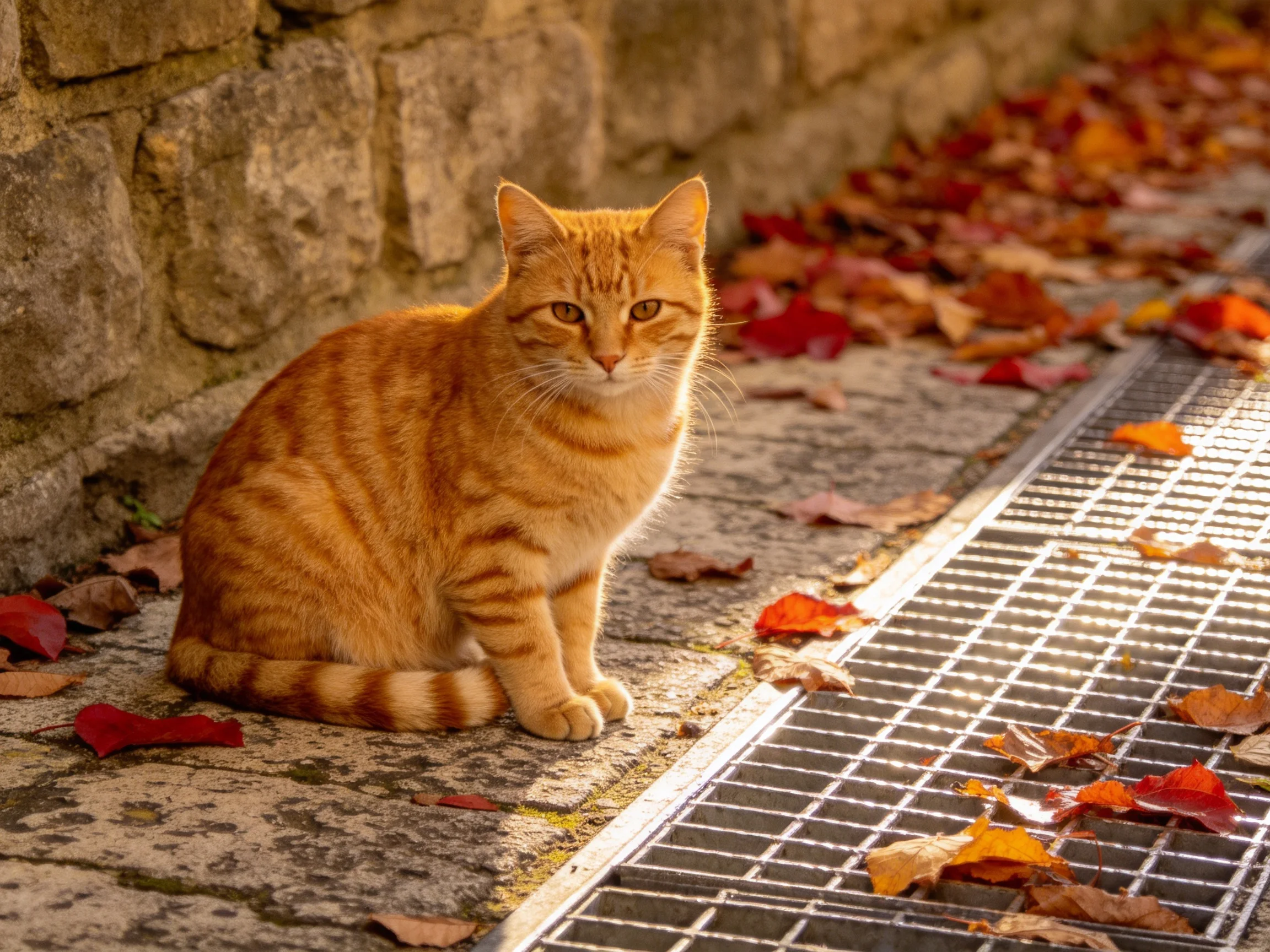 An orange tabby cat sits near a stone wall with fallen autumn leaves