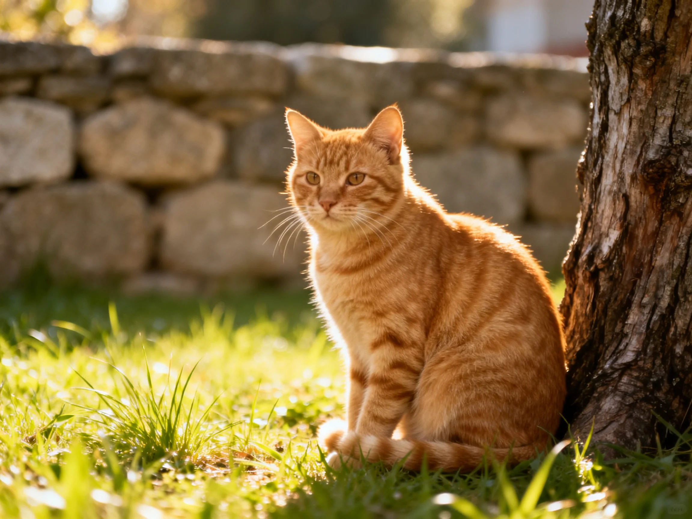 An orange tabby cat sits near a tree and stone wall in sunlight