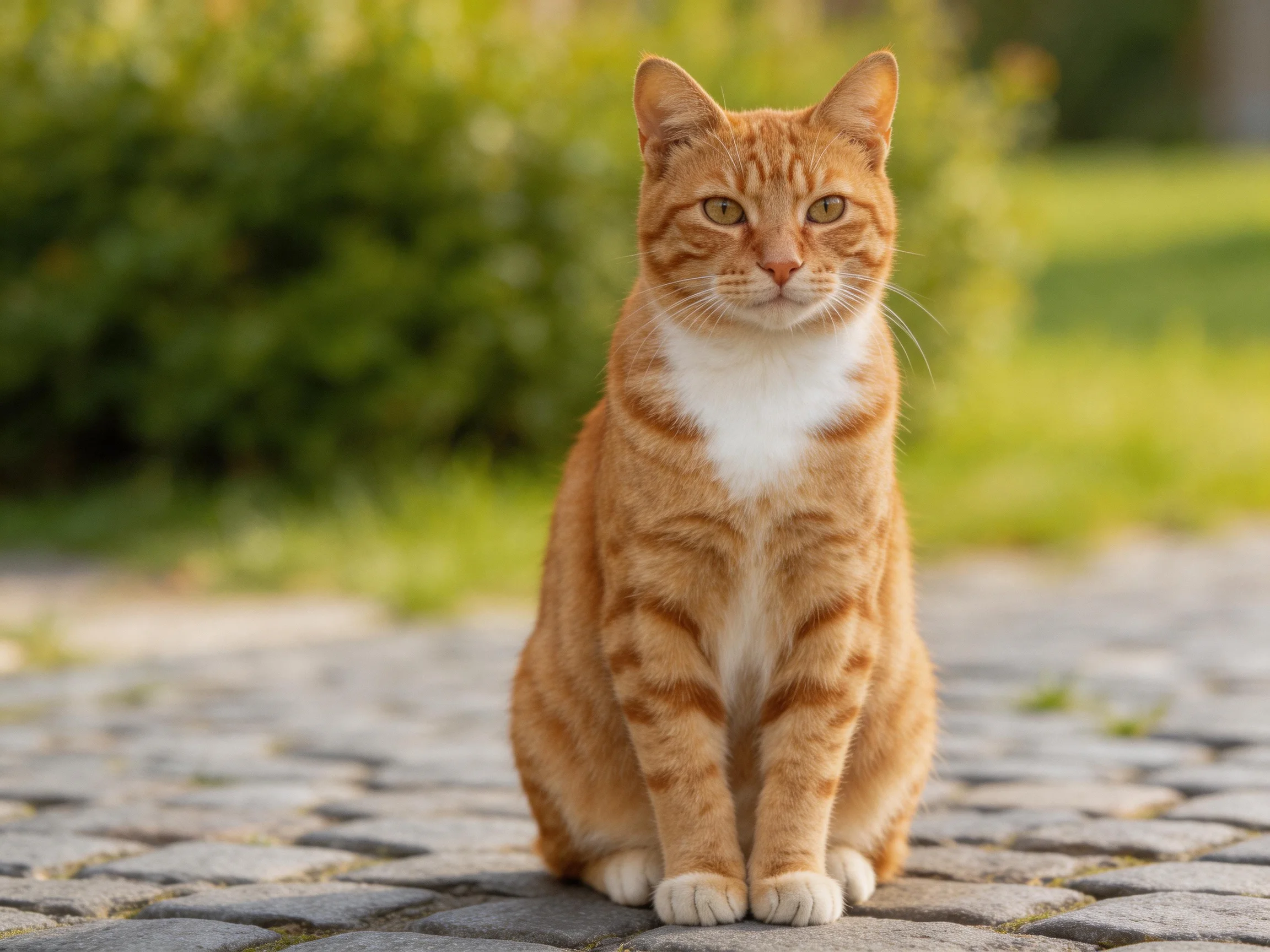 An orange tabby cat sits on a cobblestone path amid green foliage