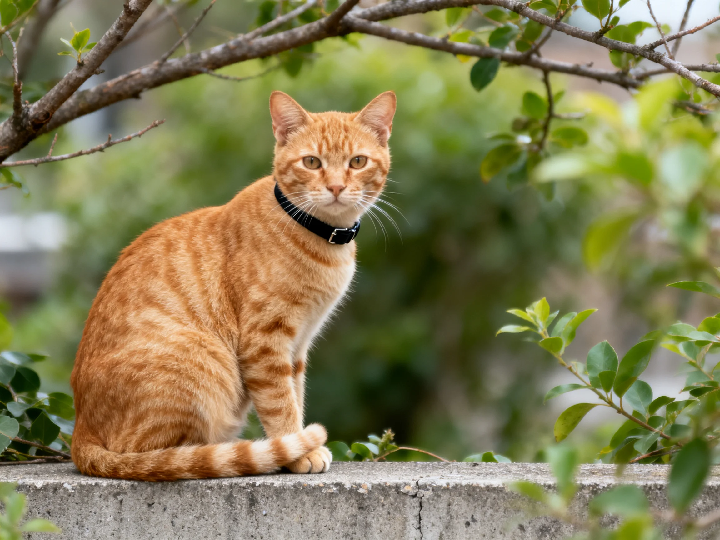 An orange tabby cat sits on a concrete ledge amid lush green foliage