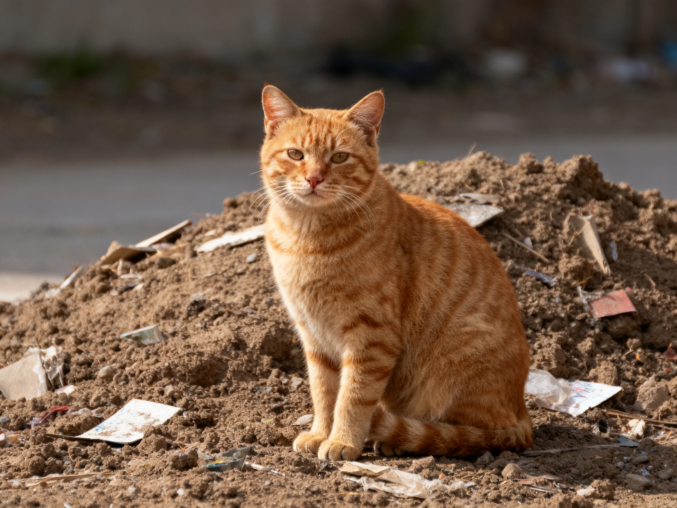 An orange tabby cat sits on a dirt mound with scattered debris