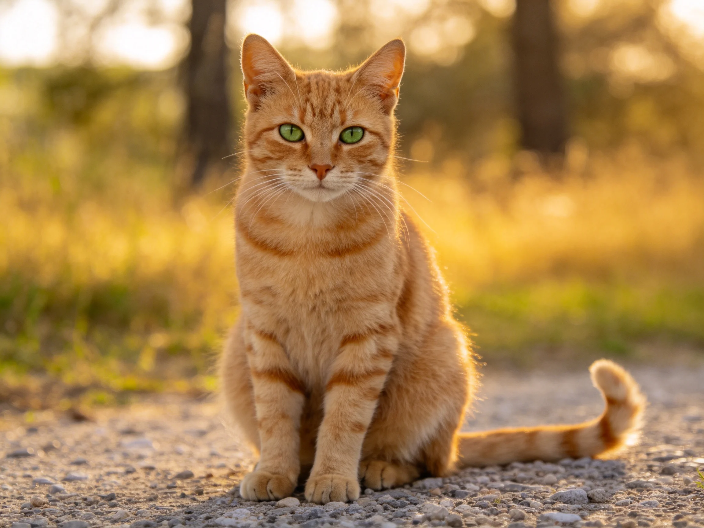 An orange tabby cat sits on a gravel path in golden sunlight