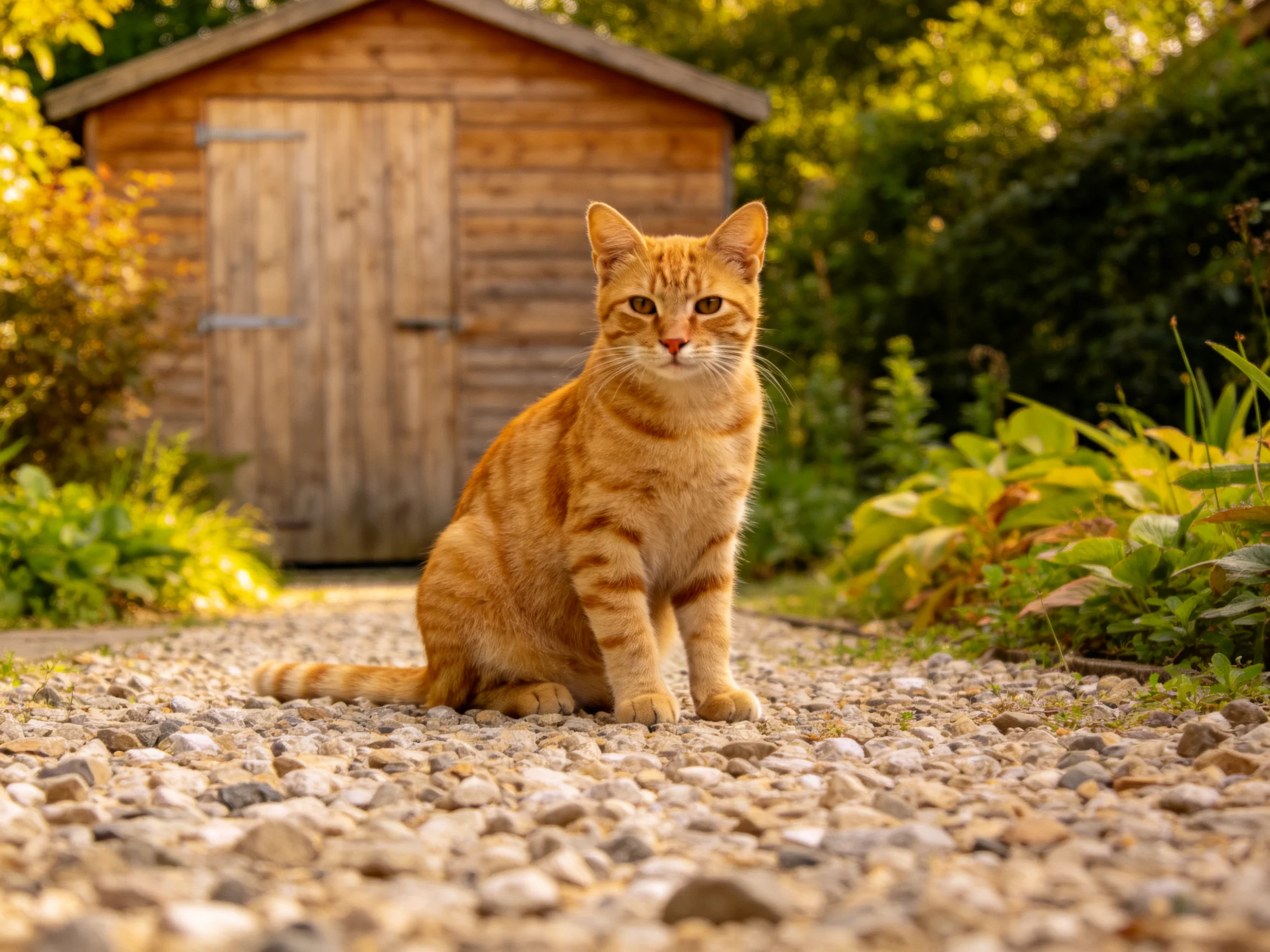 An orange tabby cat sits on a gravel path near a wooden shed