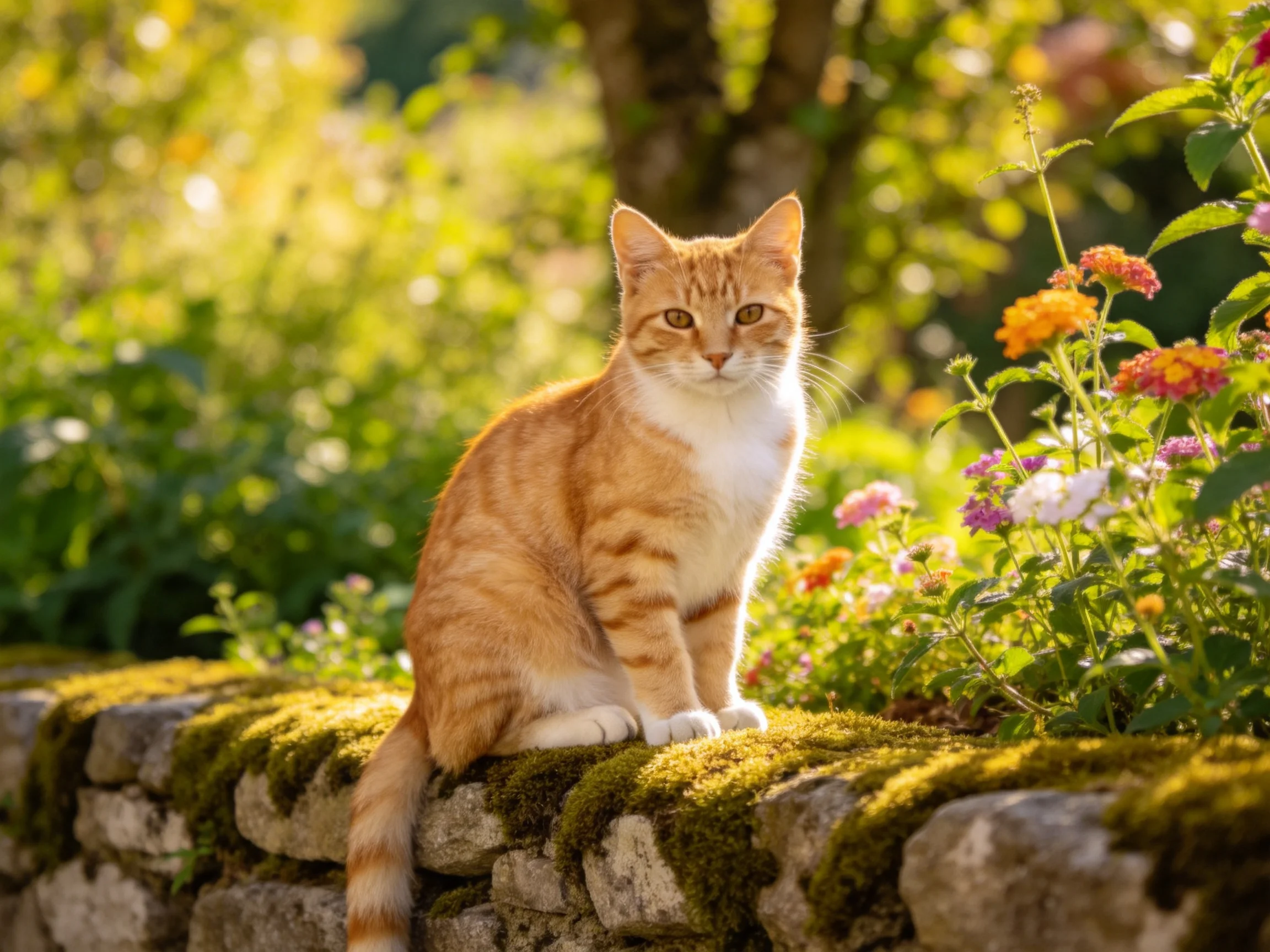 An orange tabby cat sits on a moss-covered stone wall near colorful flowers