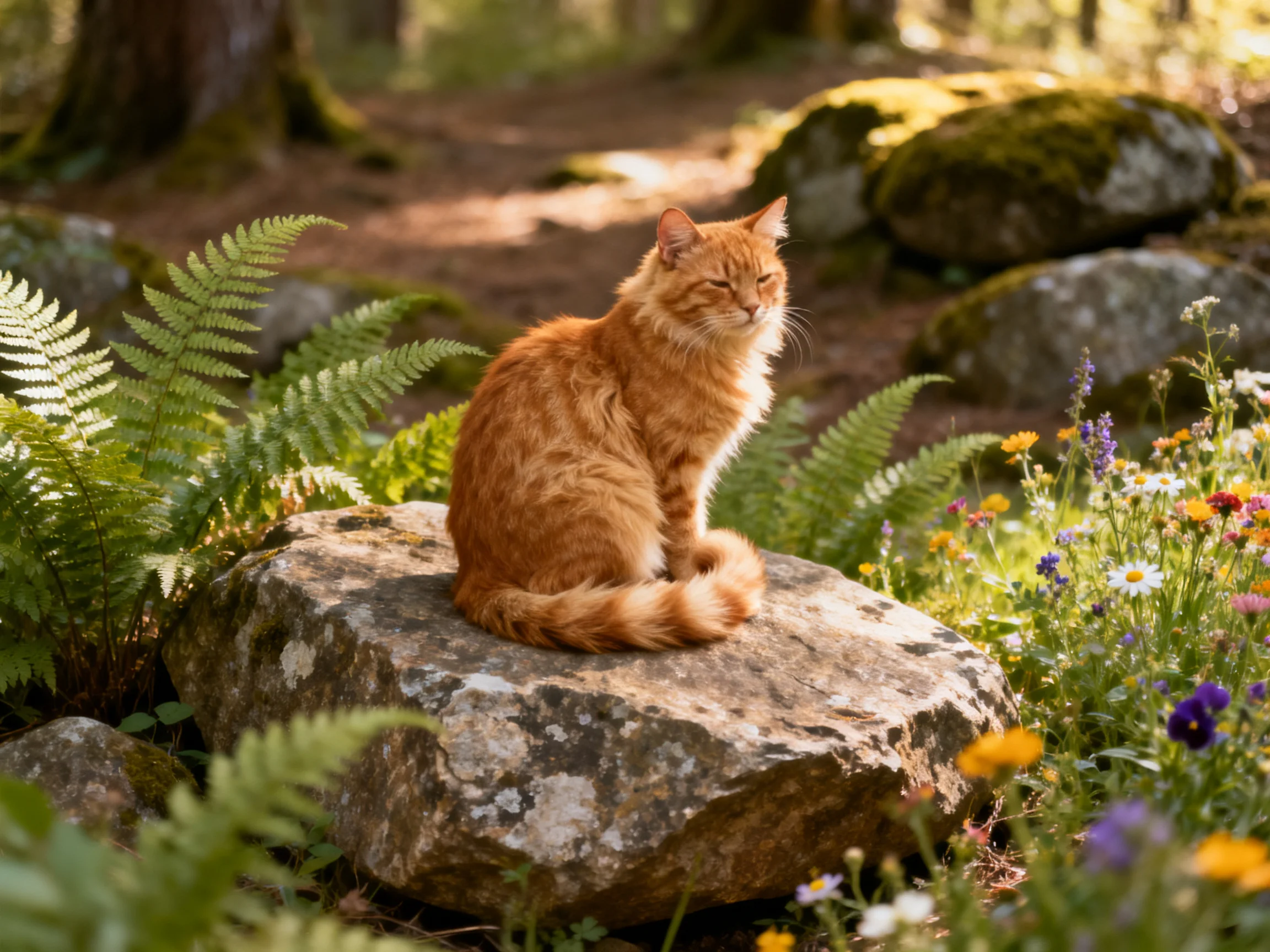 An orange tabby cat relaxes on a rock in a sunlit forest clearing with ferns and wildflowers.