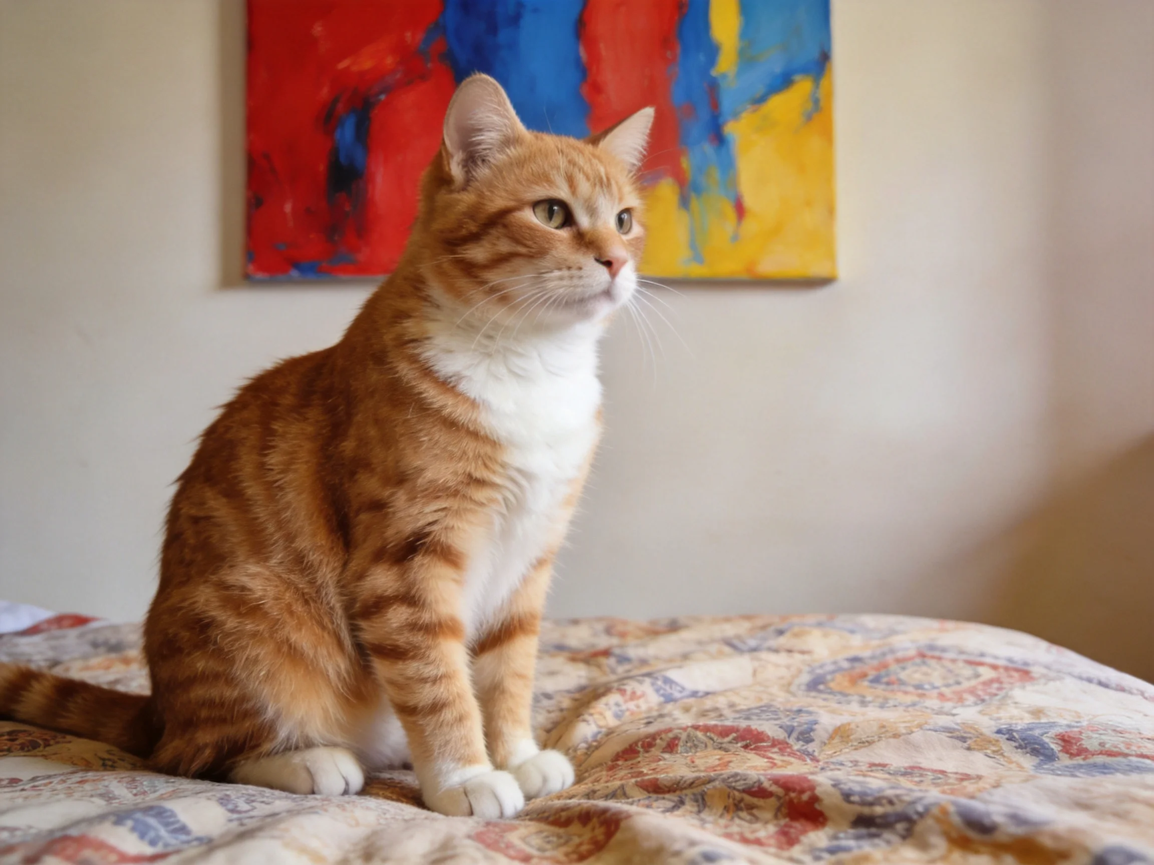 An orange tabby cat sits on a patterned bed near a vibrant abstract painting