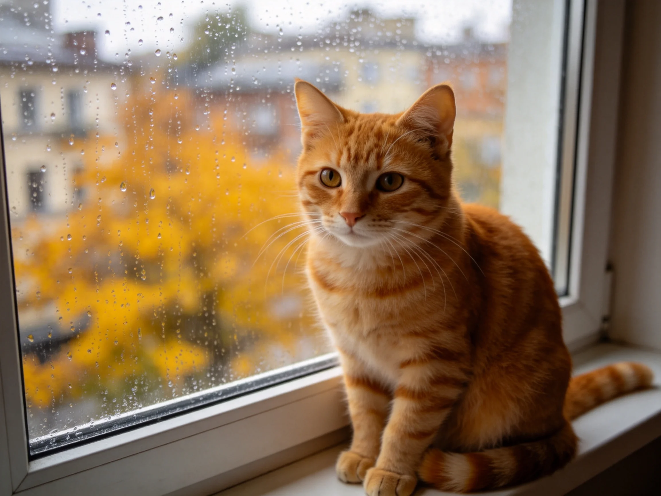 An orange tabby cat sits on a windowsill with raindrops and autumn backdrop.