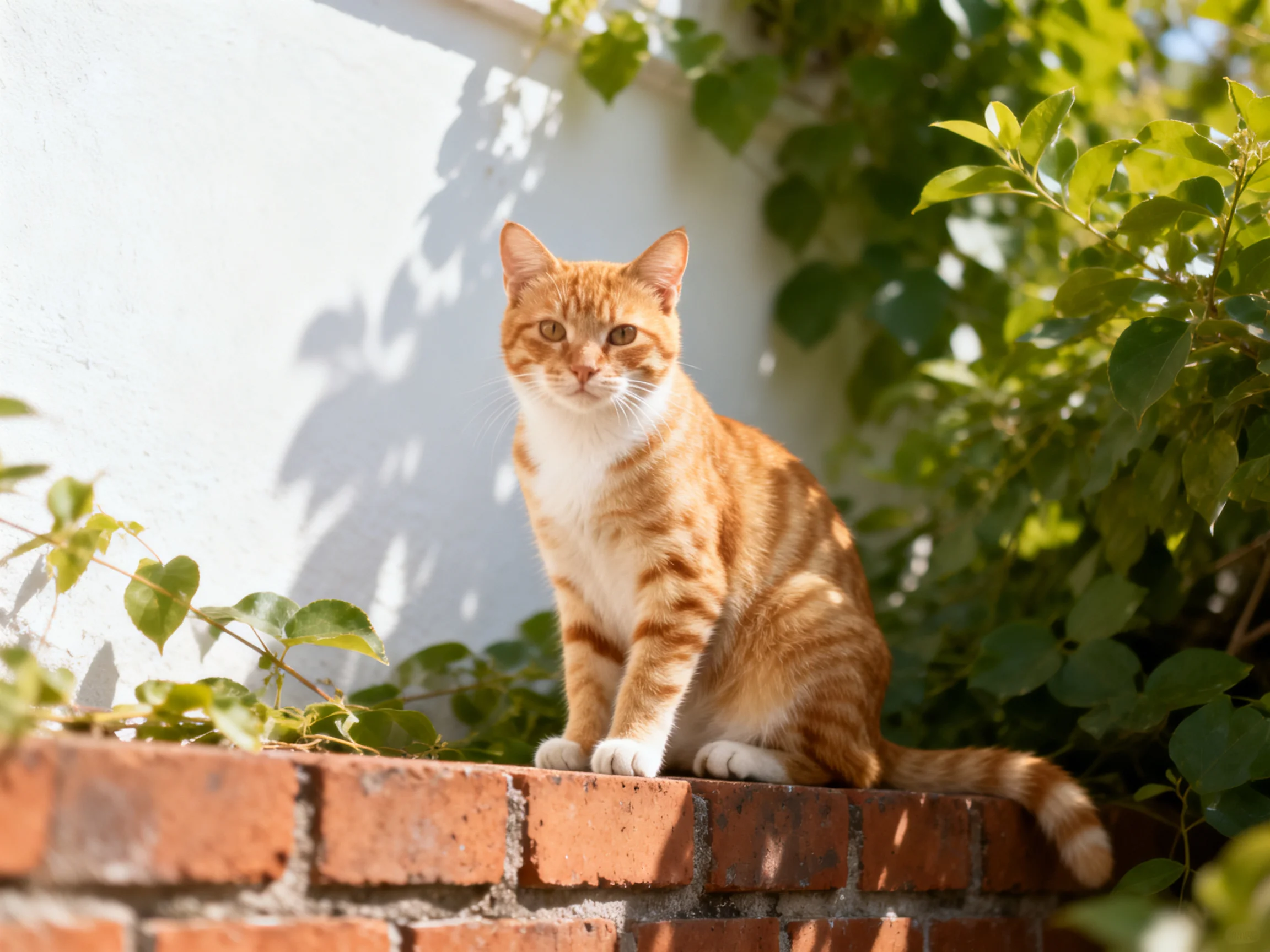 An orange tabby cat sits on a red brick ledge near lush green foliage