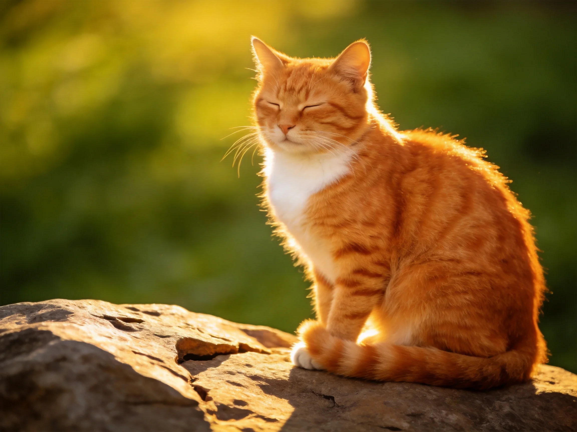 An orange tabby cat sits on a rock bathed in golden sunlight