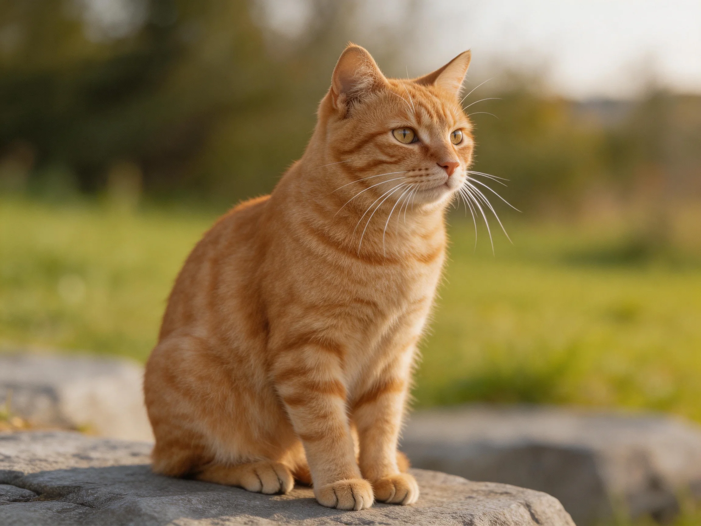 An orange tabby cat sits calmly on a stone in a sunlit outdoor area.